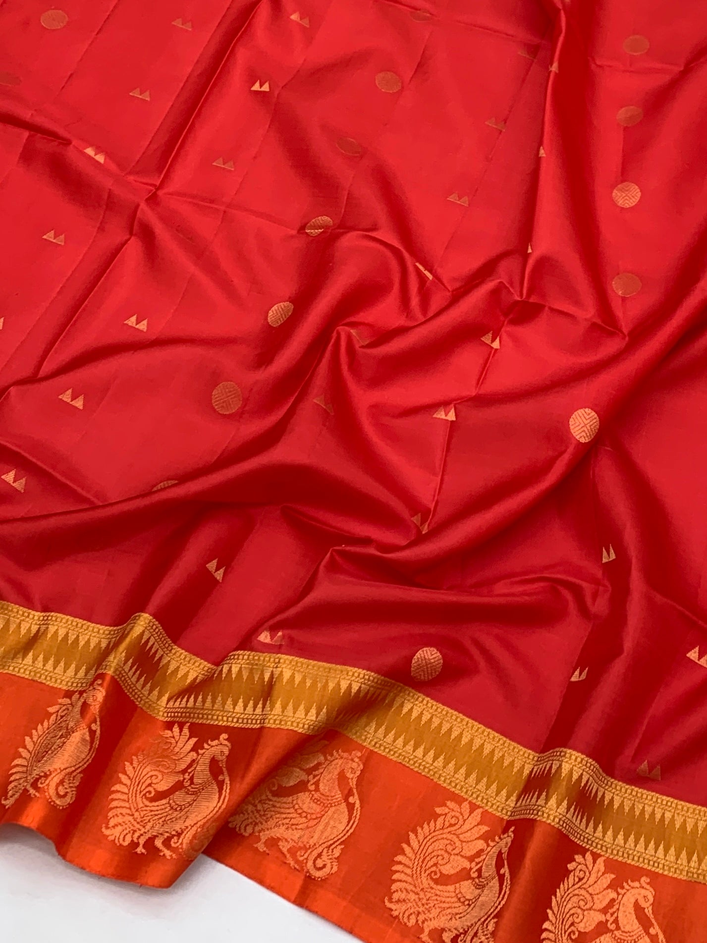 Dual-Tone Red & Orange Soft Silk Saree with Woven Peacock Motifs