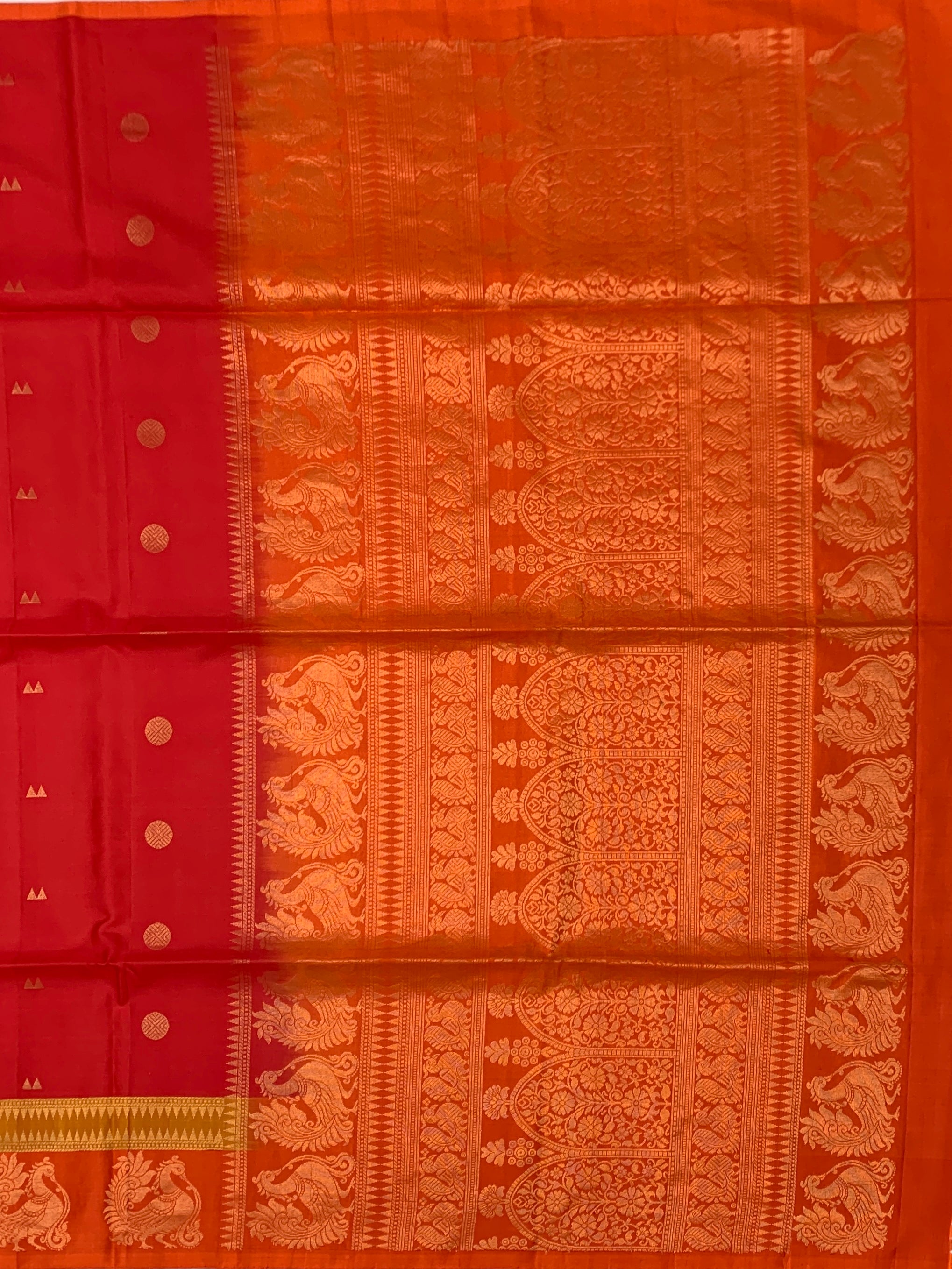 Dual-Tone Red & Orange Soft Silk Saree with Woven Peacock Motifs