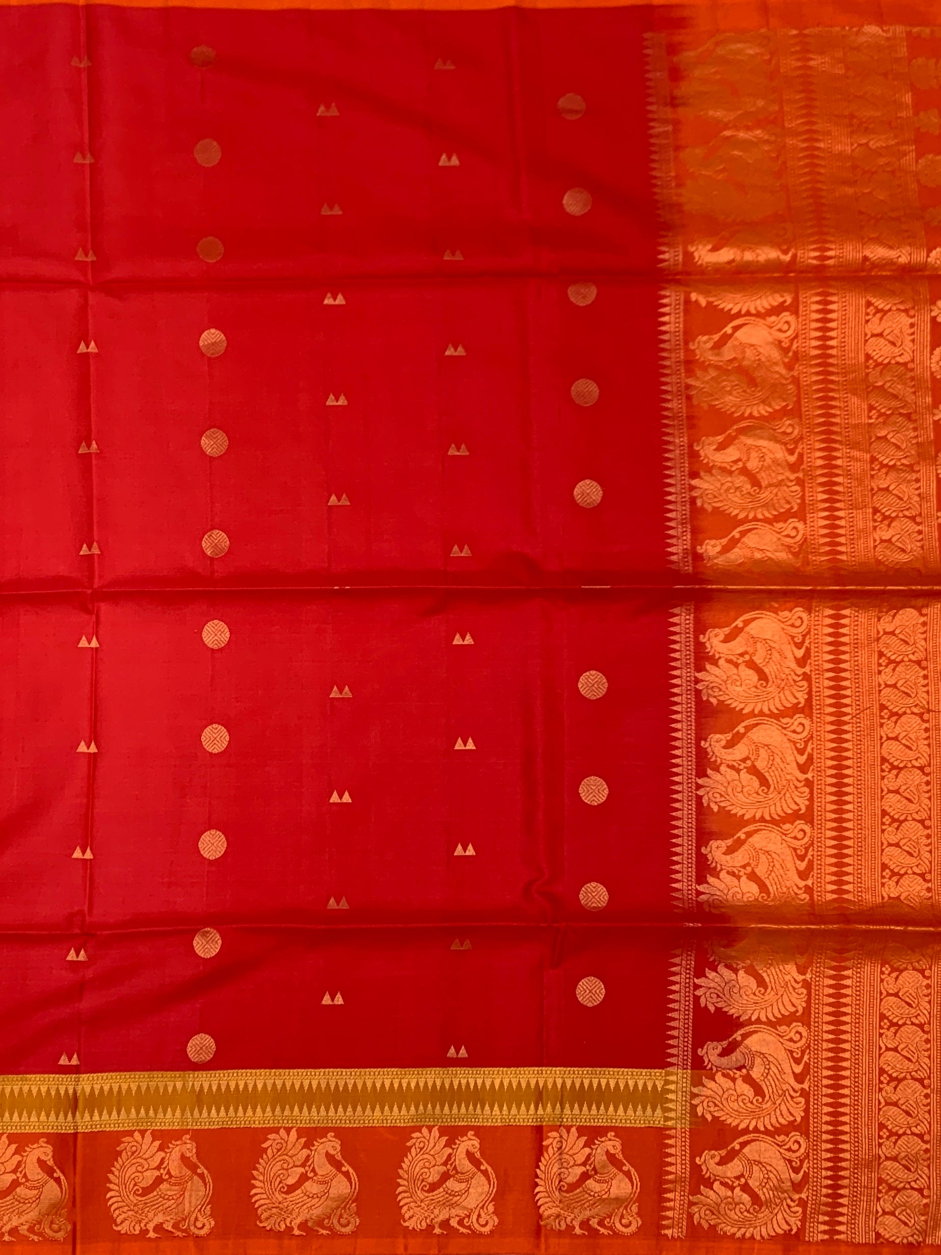 Dual-Tone Red & Orange Soft Silk Saree with Woven Peacock Motifs