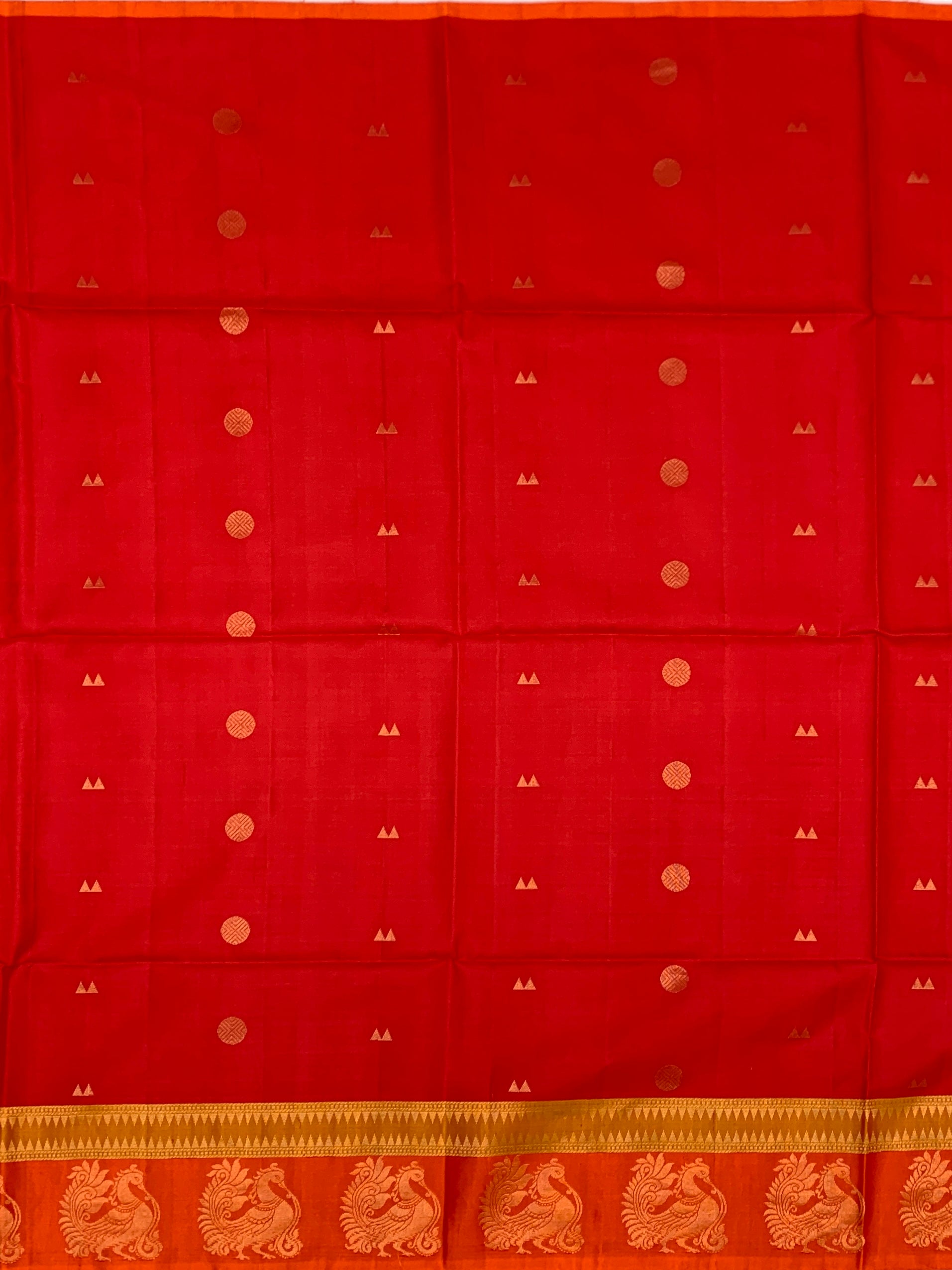 Dual-Tone Red & Orange Soft Silk Saree with Woven Peacock Motifs