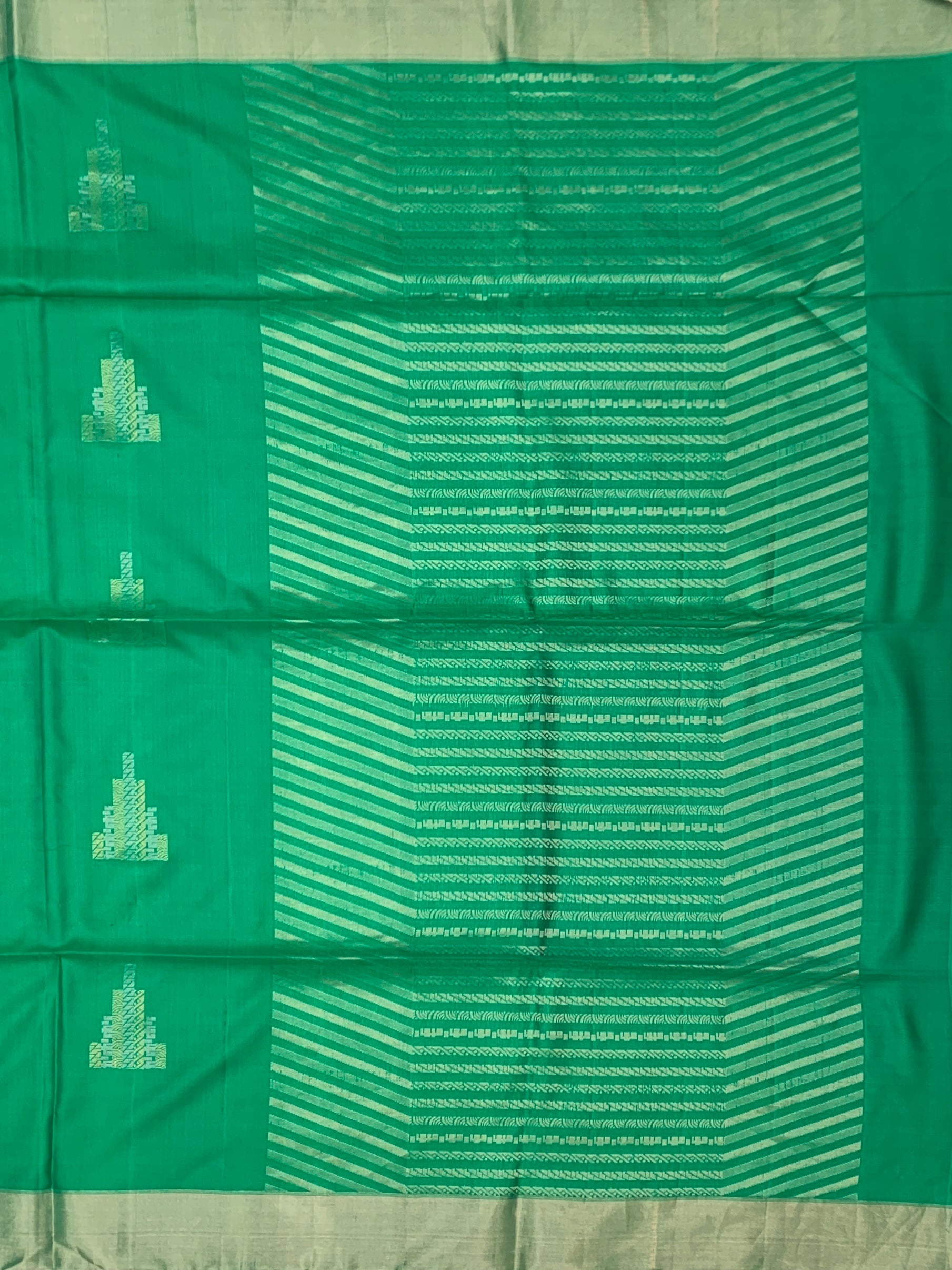 Emerald Geometric Elegance: Handcrafted Soft Silk Saree