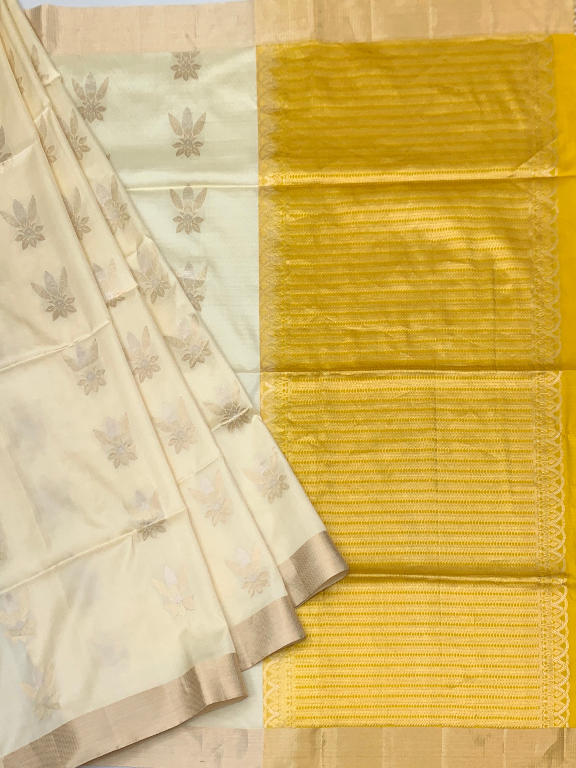 Cream & Mustard Zari-Woven Soft Silk Saree