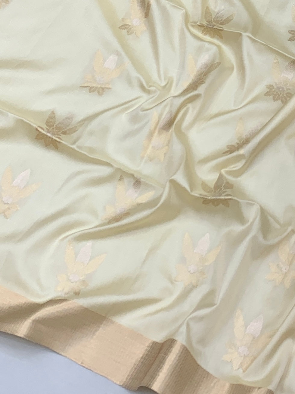 Cream & Mustard Zari-Woven Soft Silk Saree