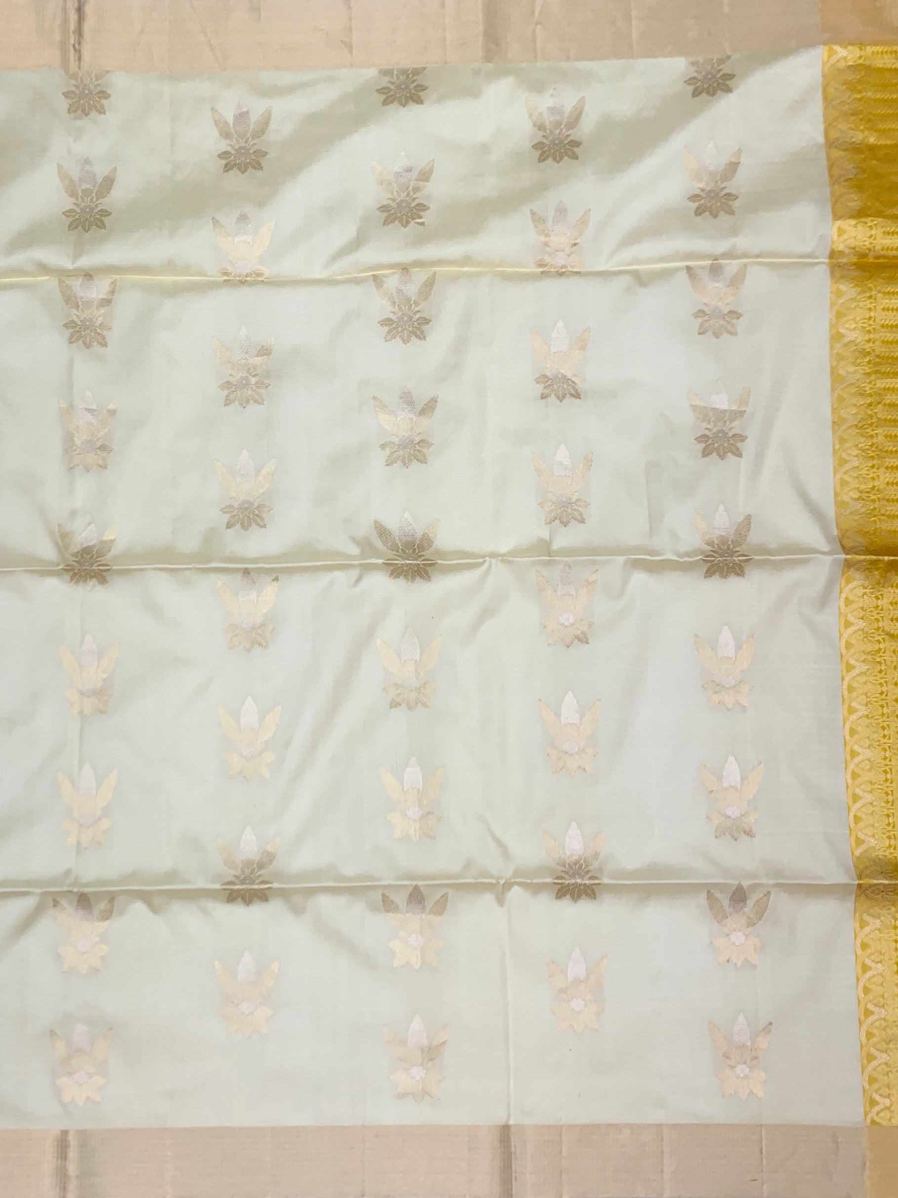 Cream & Mustard Zari-Woven Soft Silk Saree