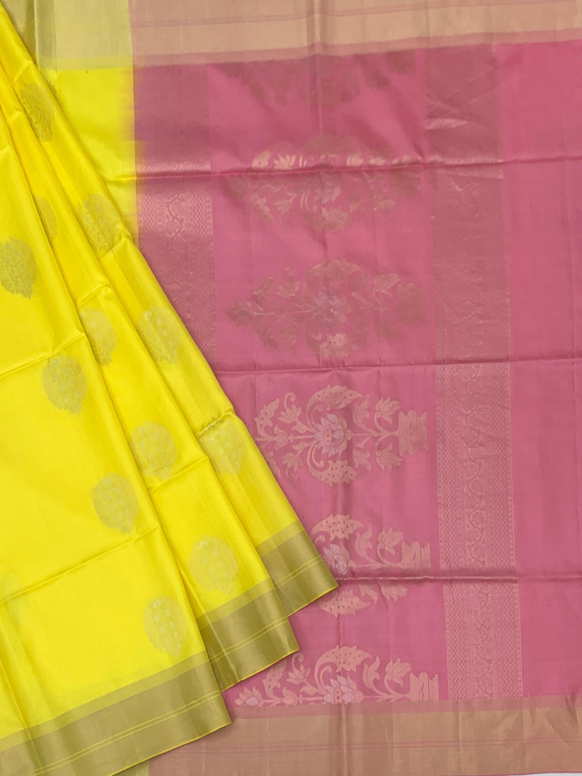 Sunny Yellow & Strawberry Pink Soft Silk Saree with Floral Zari Pallu