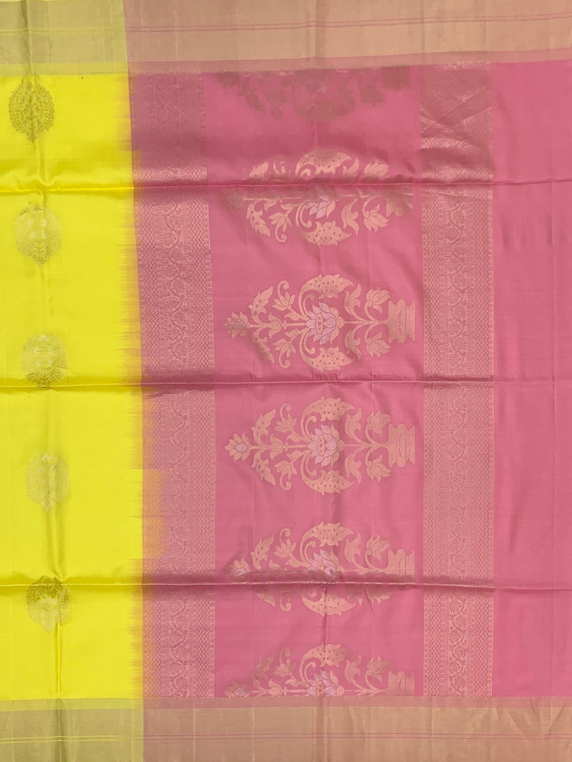 Sunny Yellow & Strawberry Pink Soft Silk Saree with Floral Zari Pallu