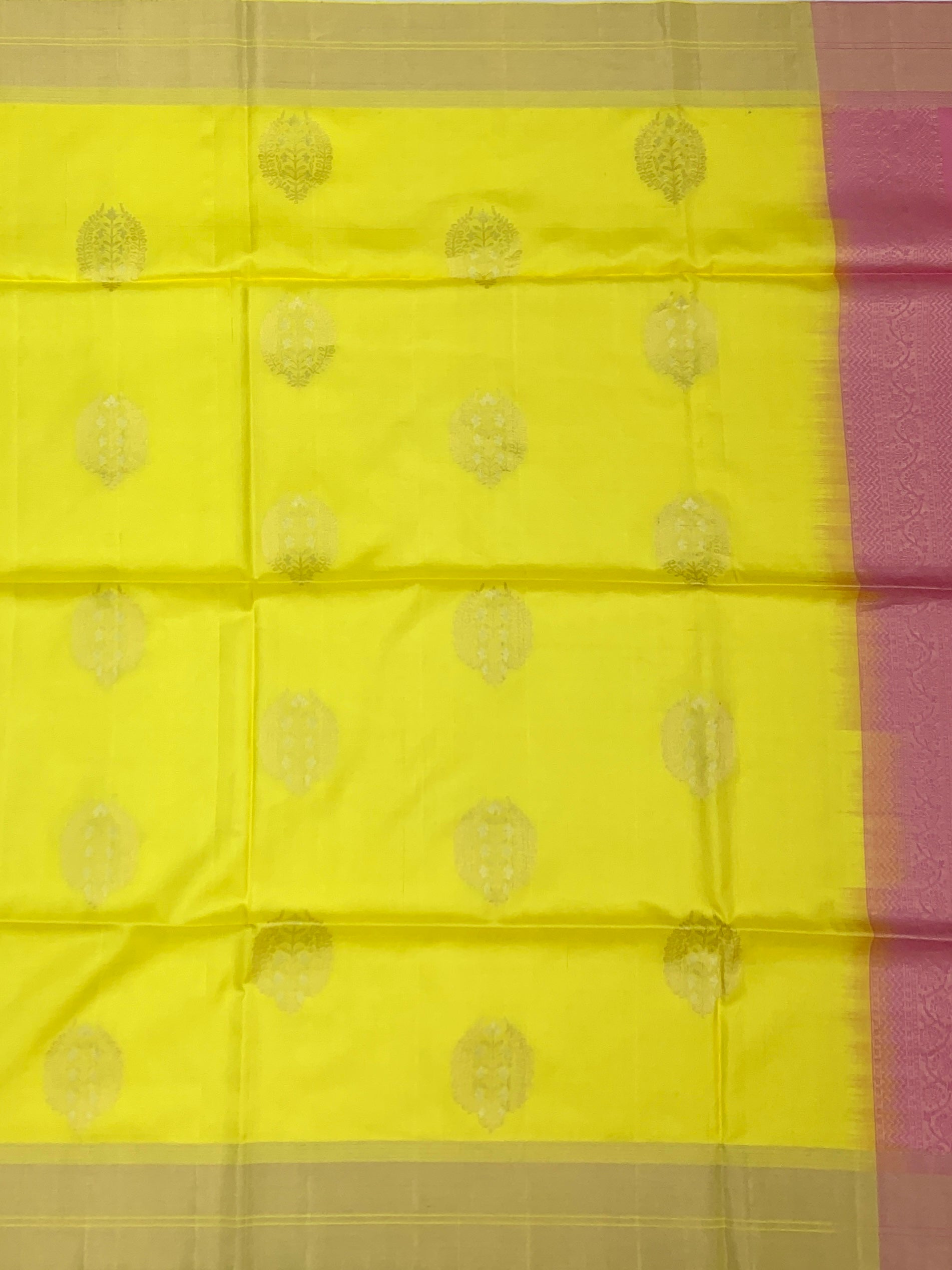 Sunny Yellow & Strawberry Pink Soft Silk Saree with Floral Zari Pallu