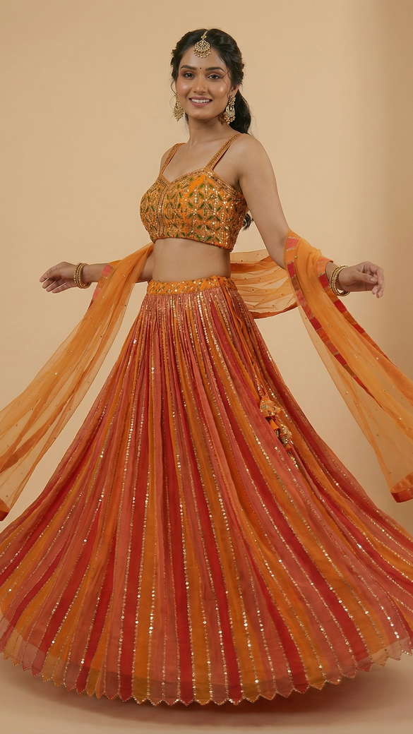 The Sunset Glow: Tangerine Orange Georgette Sequin Lehenga