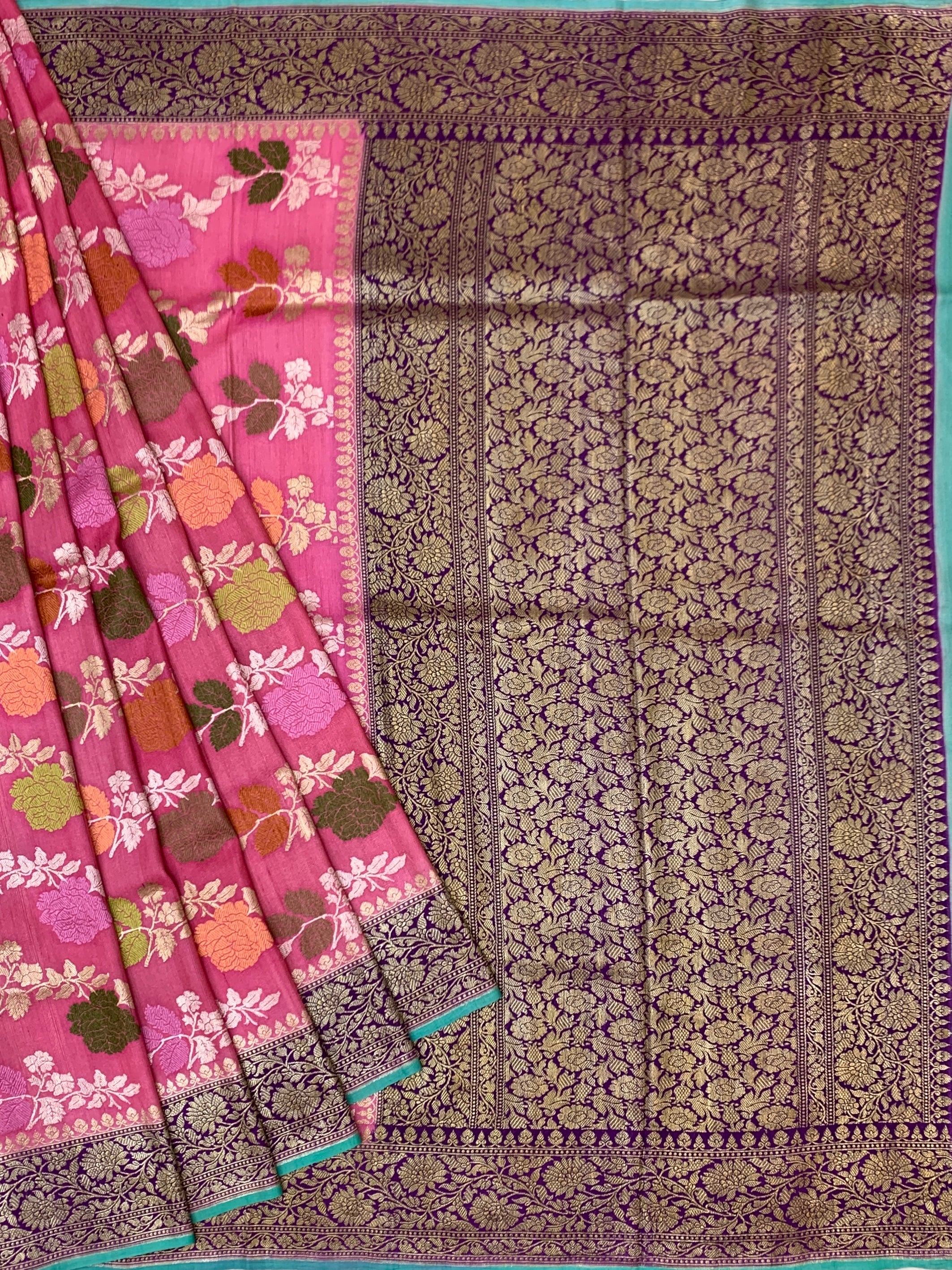 Rose Pink Tussore Georgette Saree with Deep Purple Zari Pallu & Aqua Contrast Blouse