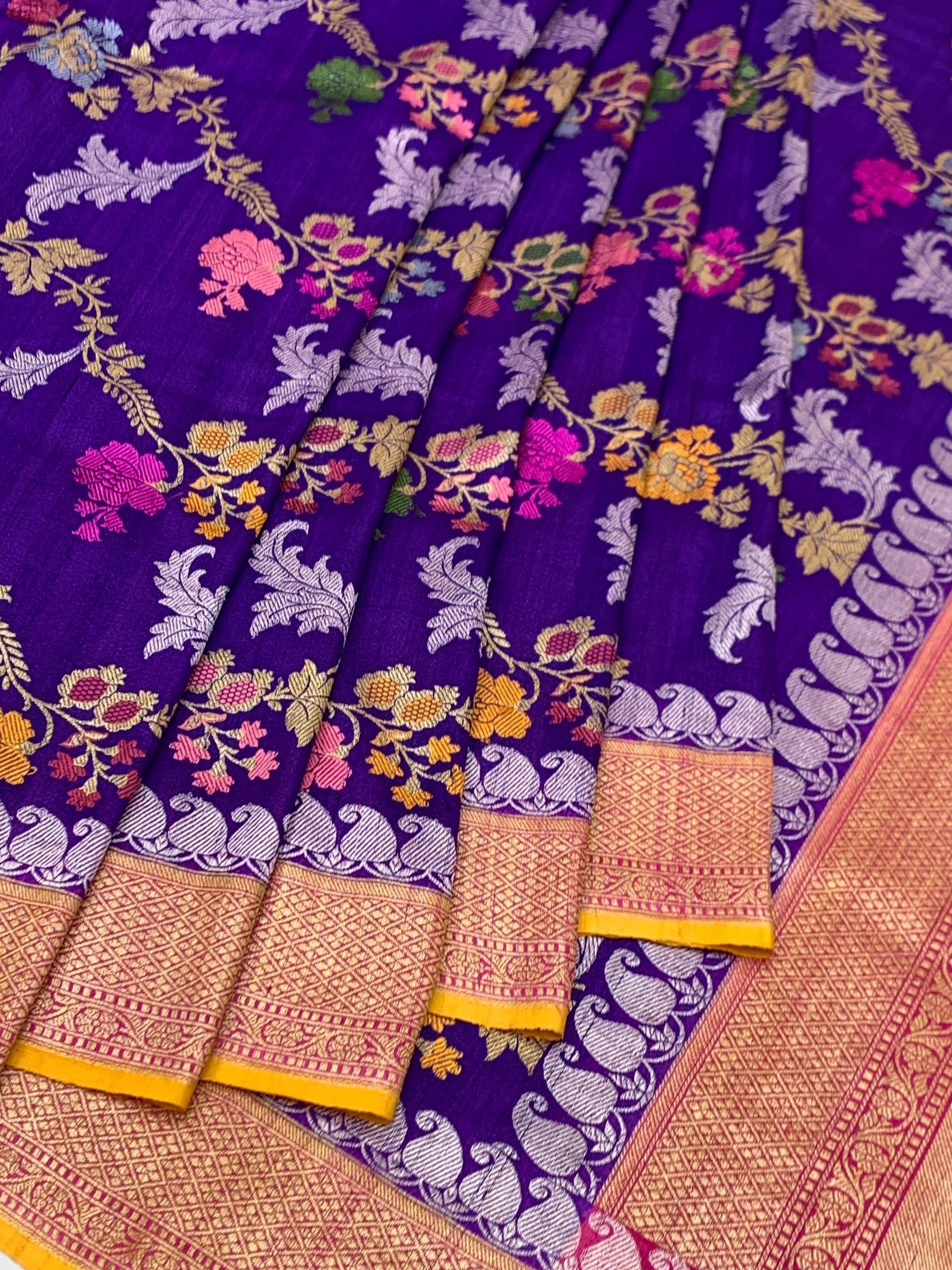 Royal Purple Tussore Georgette Saree with Meenakari Zari Work & Contrast Blouse