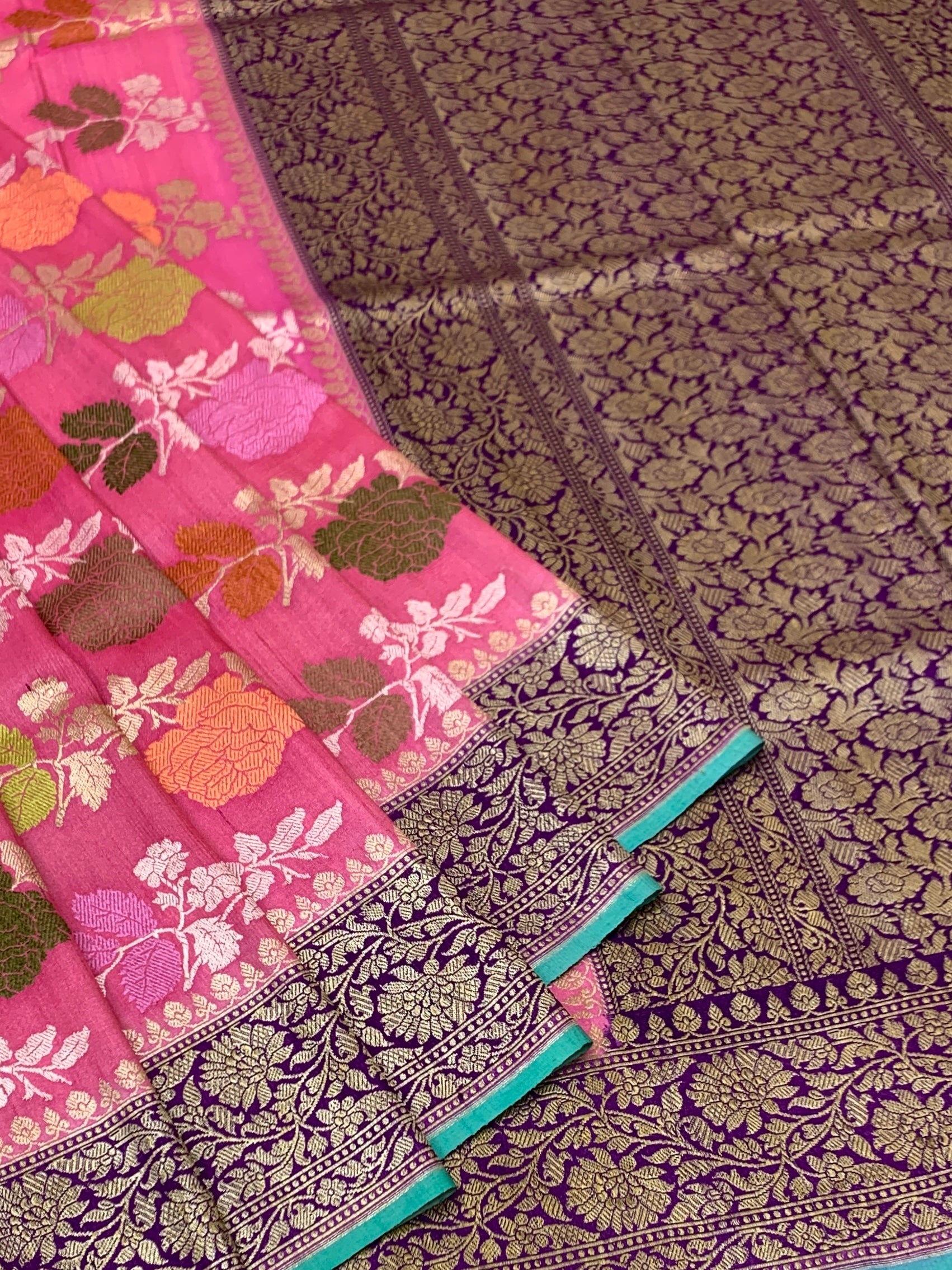 Rose Pink Tussore Georgette Saree with Deep Purple Zari Pallu & Aqua Contrast Blouse