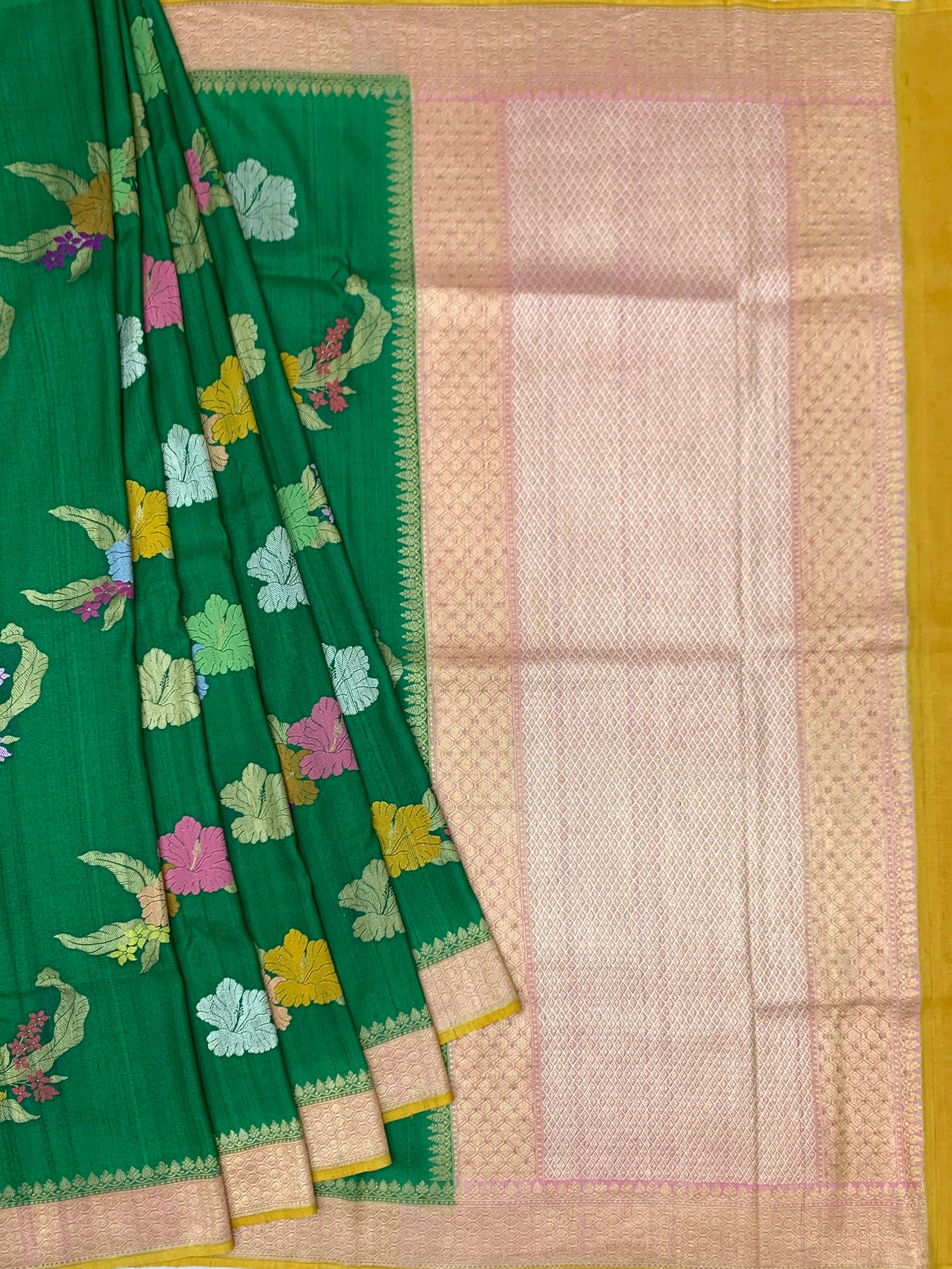 Emerald Green Floral Tussore Georgette Saree with Contrast Blouse