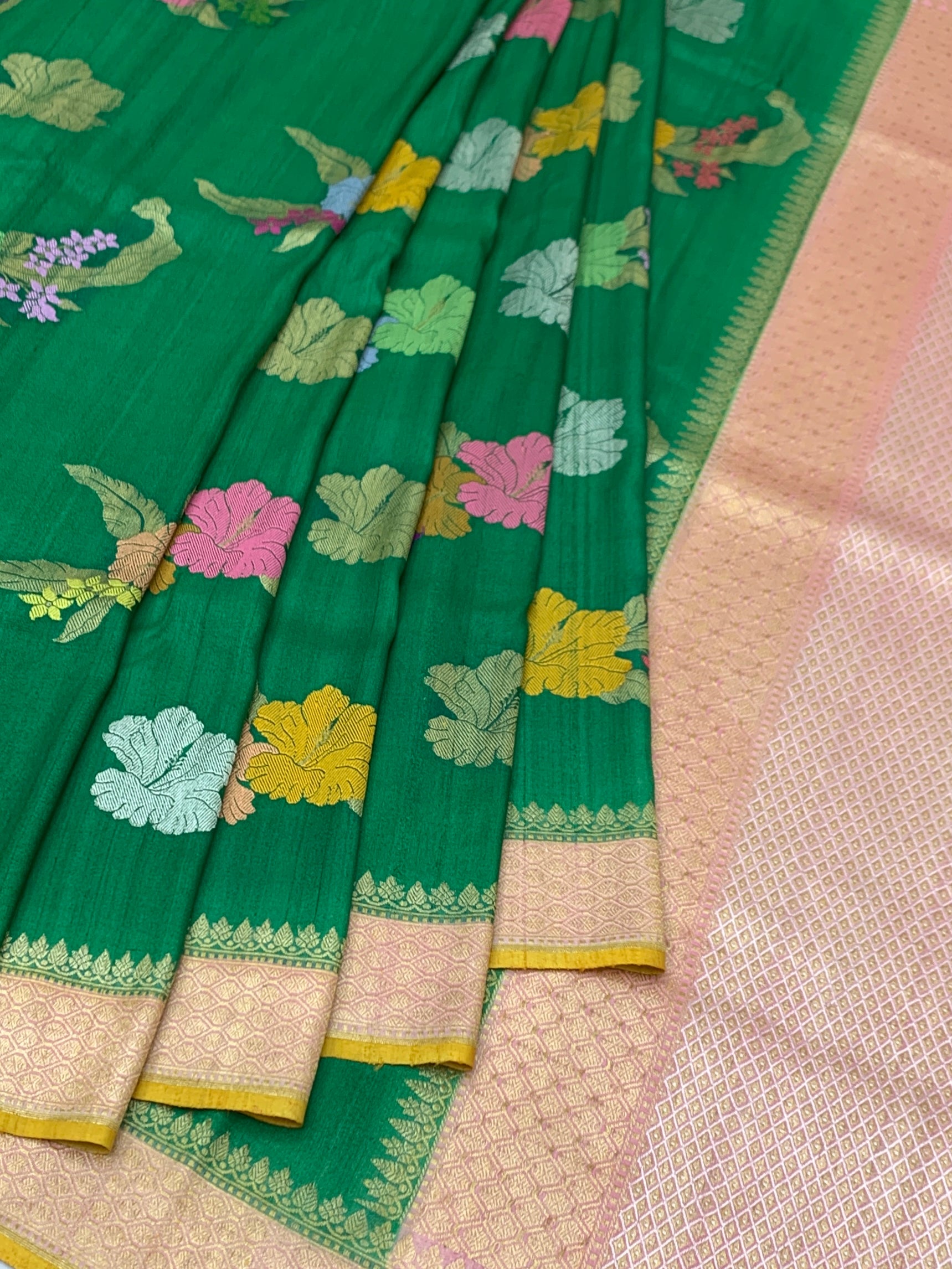 Emerald Green Floral Tussore Georgette Saree with Contrast Blouse