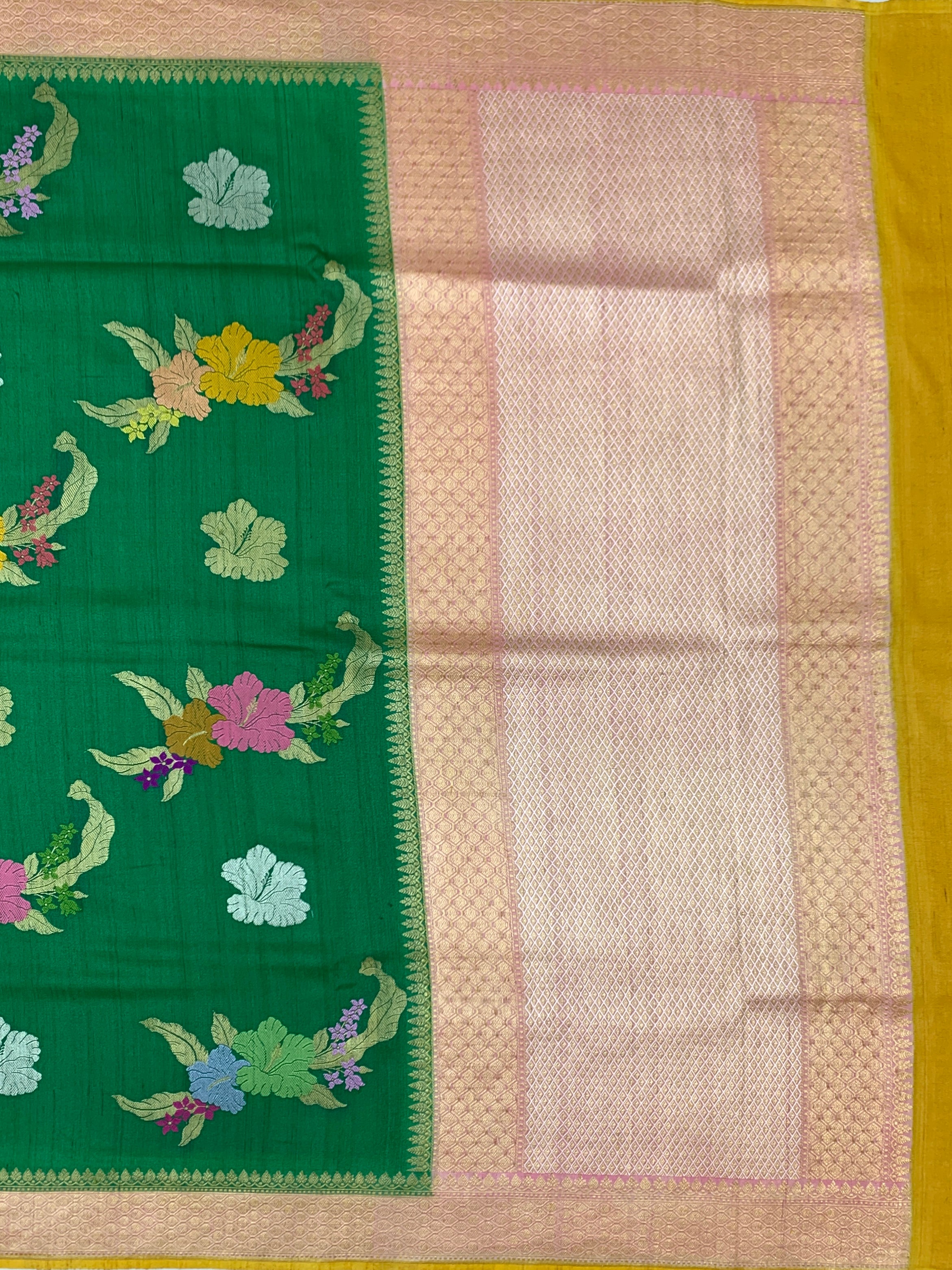 Emerald Green Floral Tussore Georgette Saree with Contrast Blouse