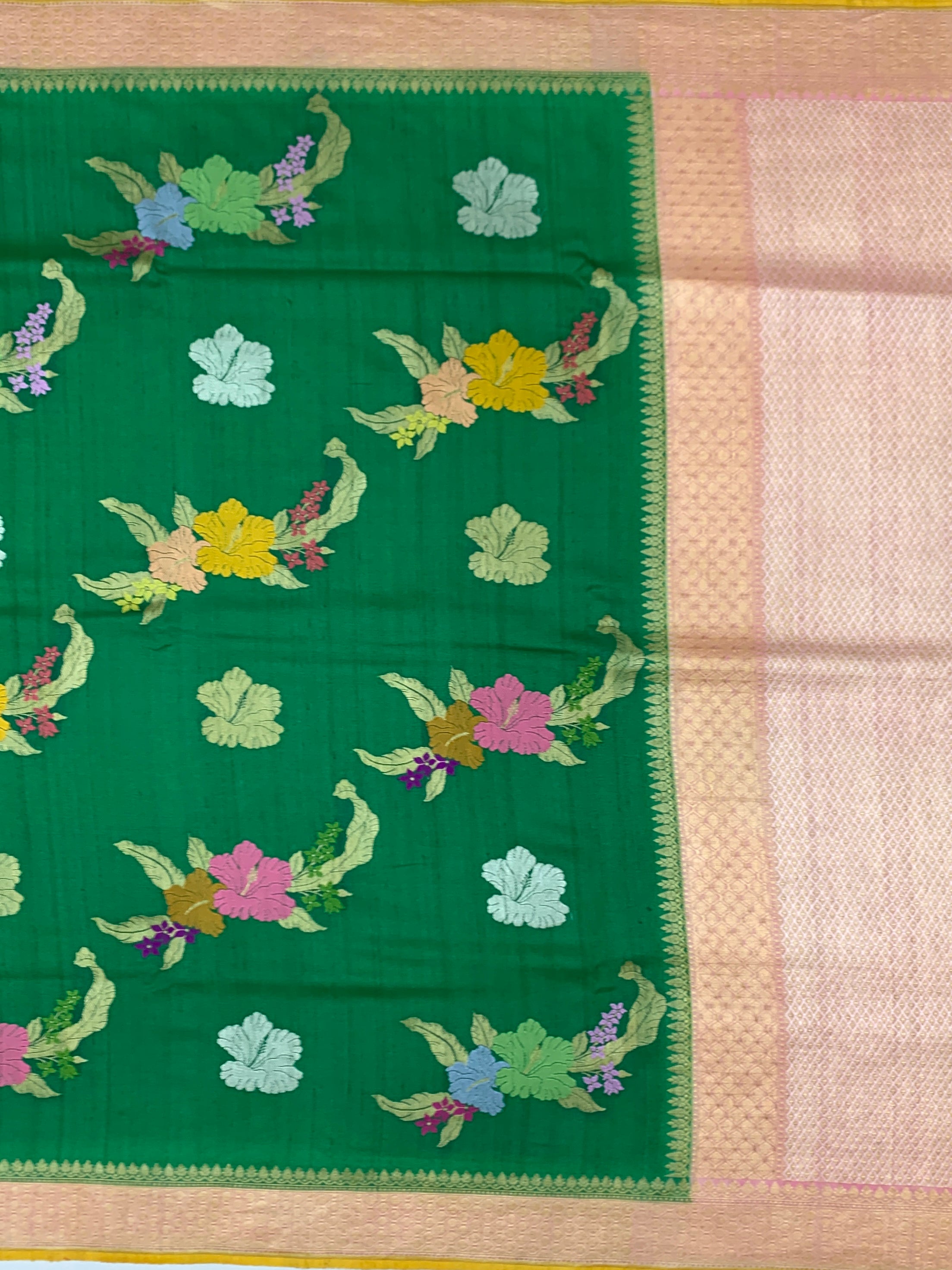 Emerald Green Floral Tussore Georgette Saree with Contrast Blouse