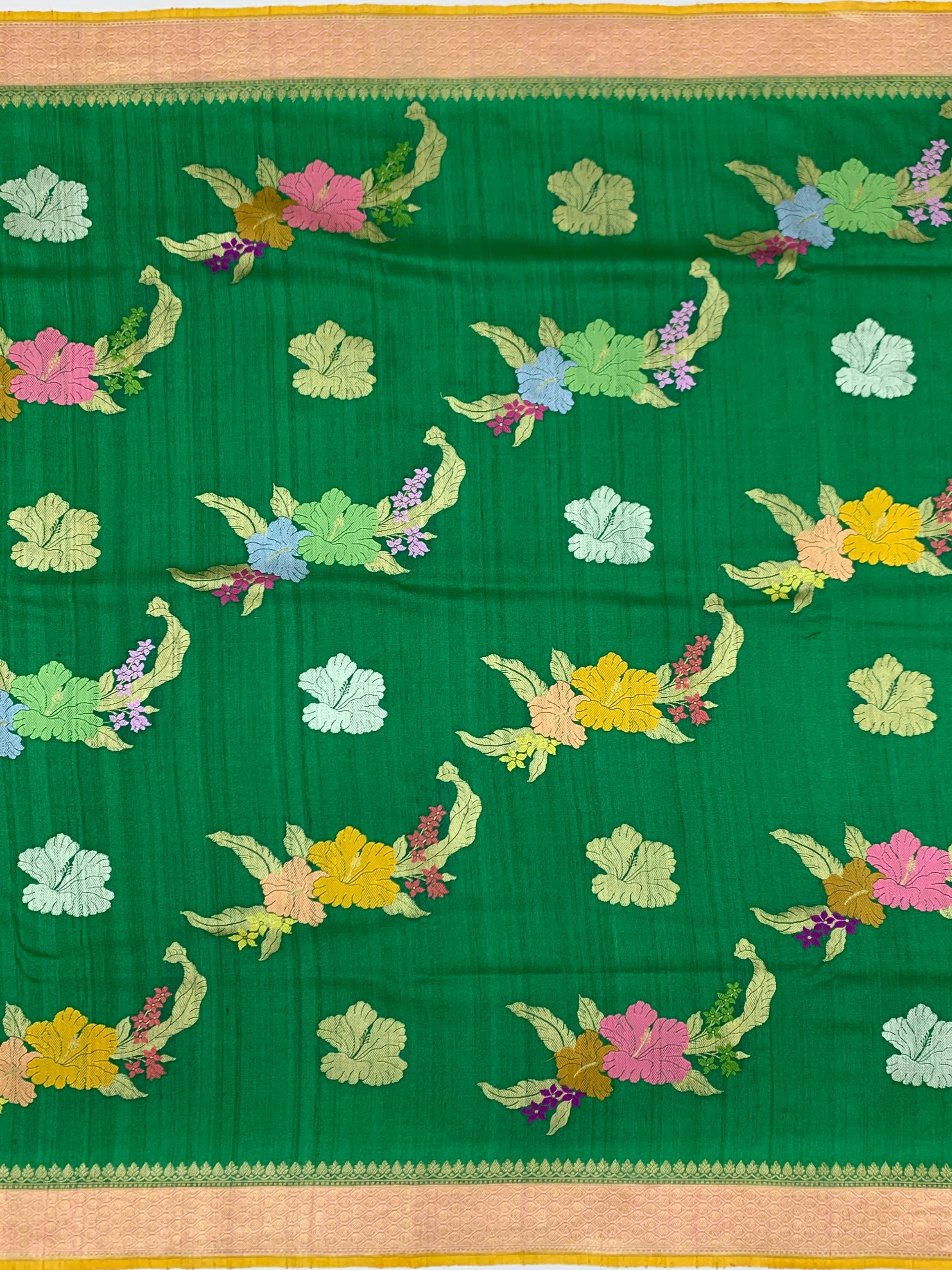 Emerald Green Floral Tussore Georgette Saree with Contrast Blouse
