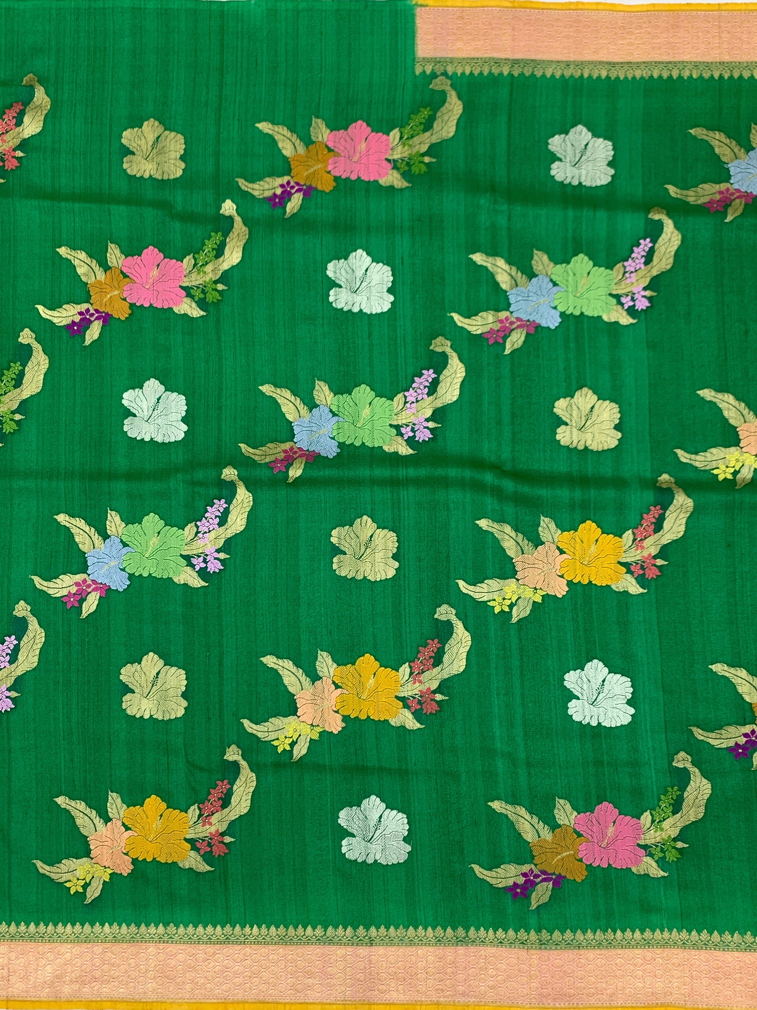 Emerald Green Floral Tussore Georgette Saree with Contrast Blouse