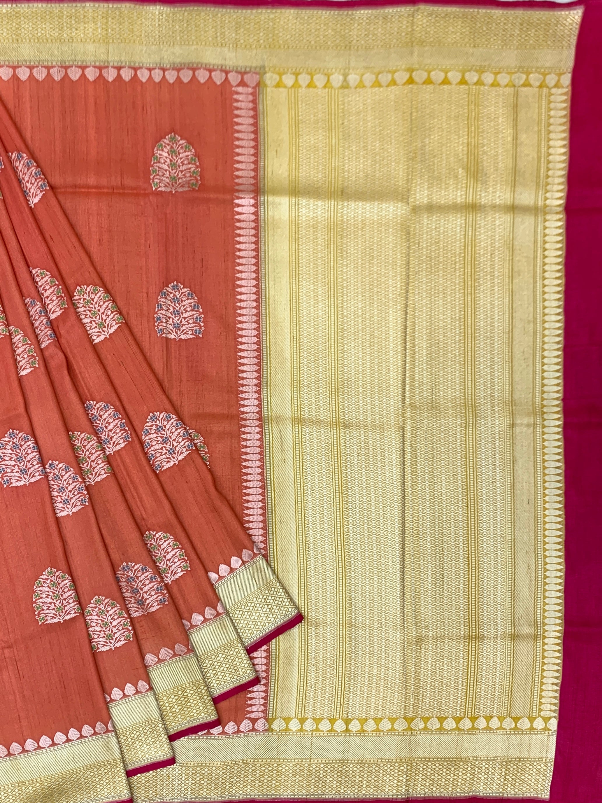 Rust Orange Tussore Georgette Saree with Zari Temple Border
