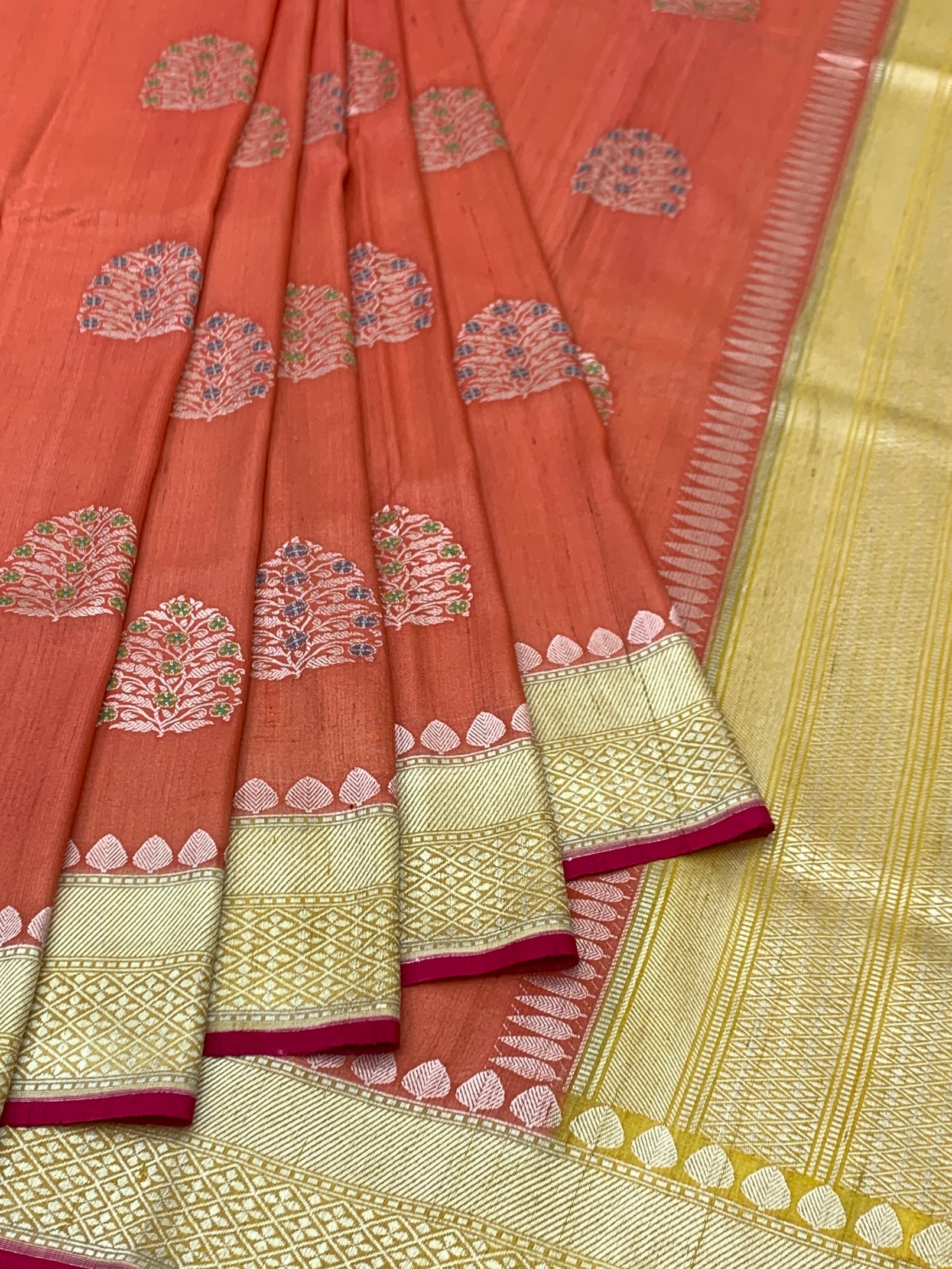Rust Orange Tussore Georgette Saree with Zari Temple Border
