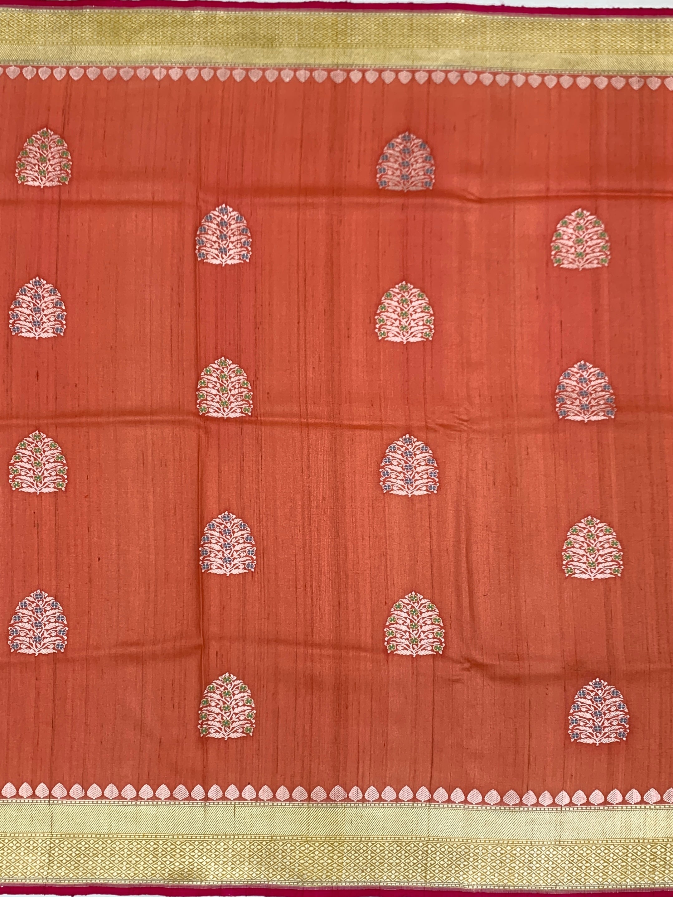 Rust Orange Tussore Georgette Saree with Zari Temple Border