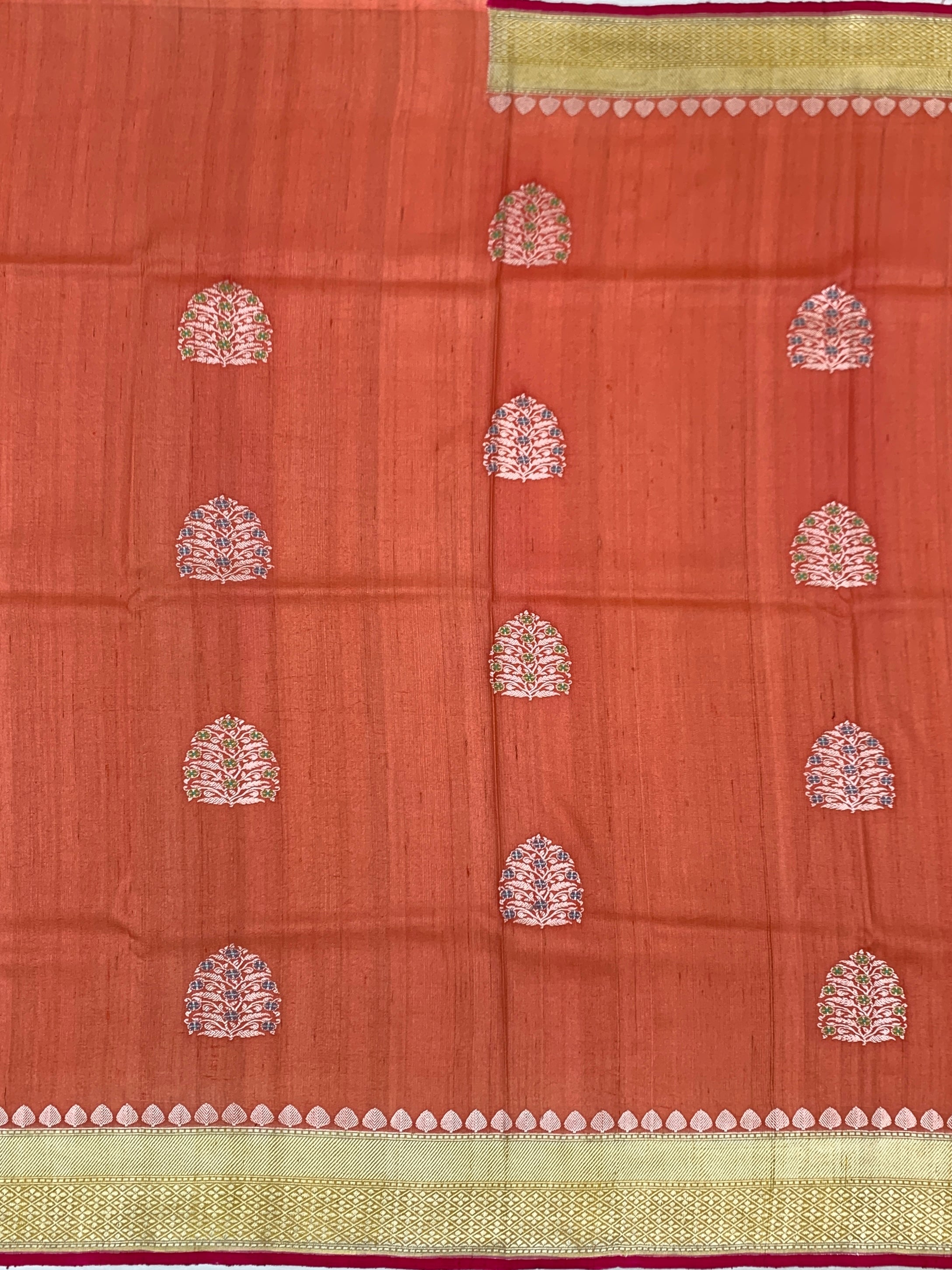 Rust Orange Tussore Georgette Saree with Zari Temple Border