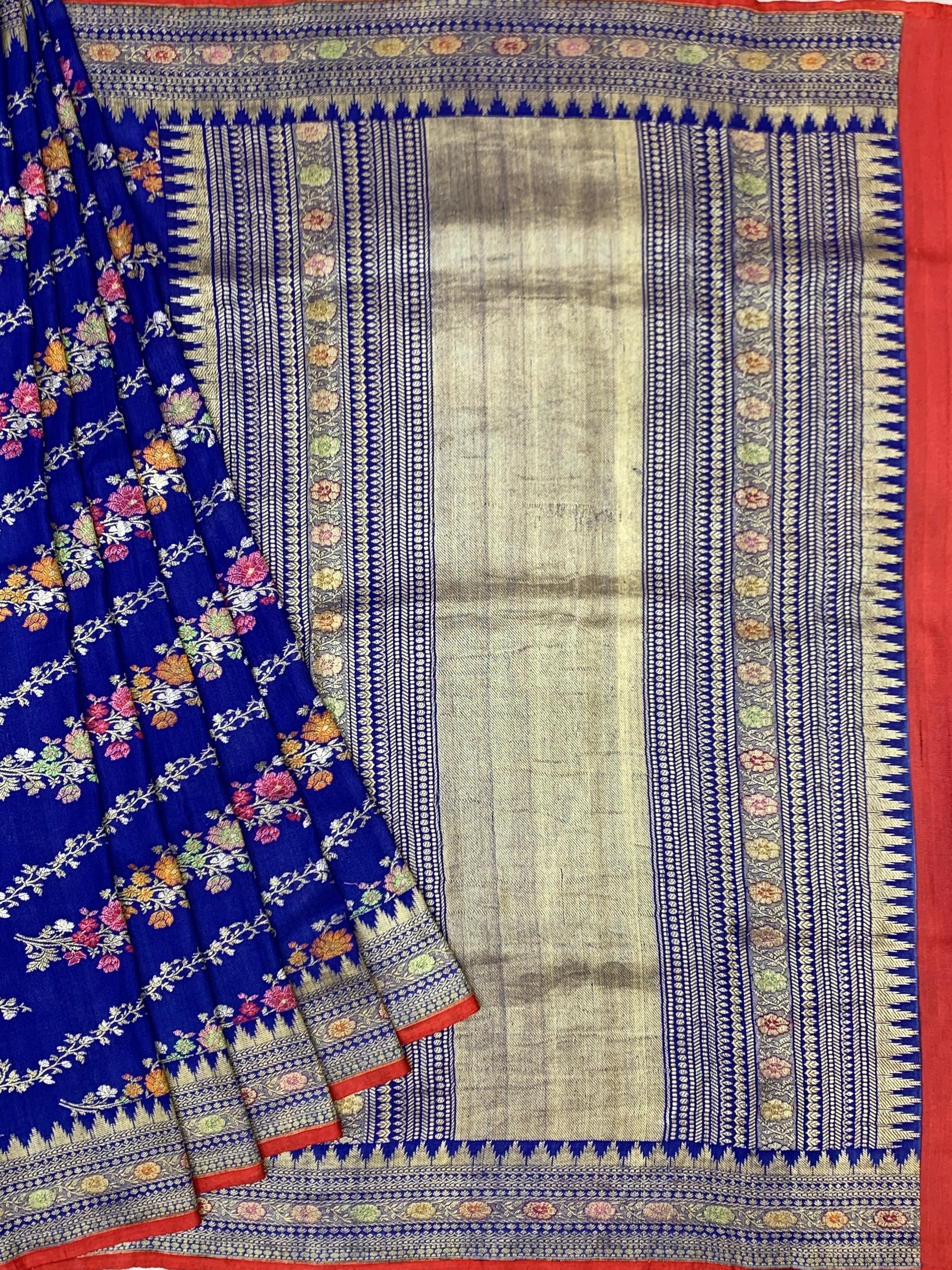 Royal Blue Floral Tussore Georgette Saree with Contrast Blouse