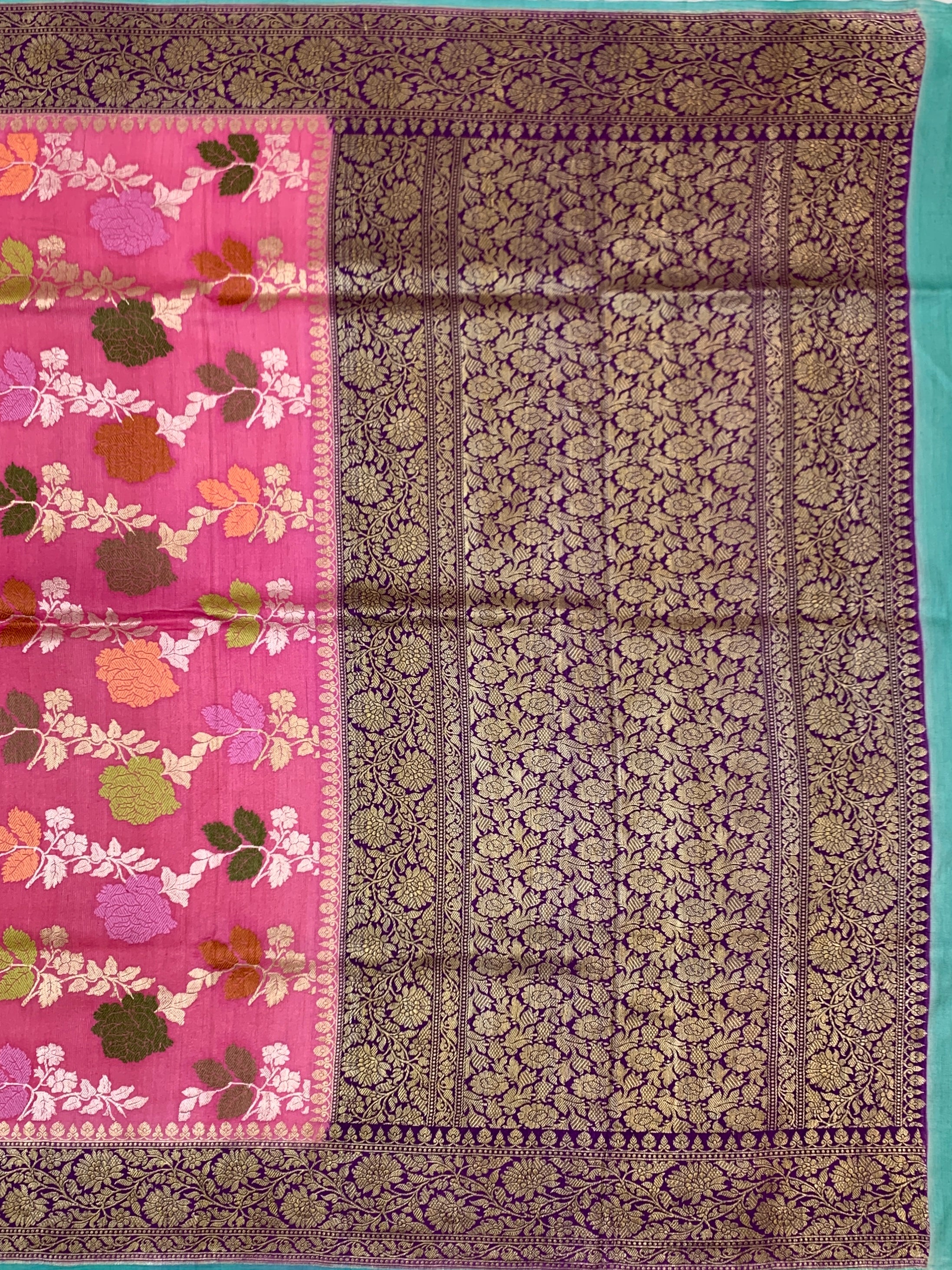 Rose Pink Tussore Georgette Saree with Deep Purple Zari Pallu & Aqua Contrast Blouse