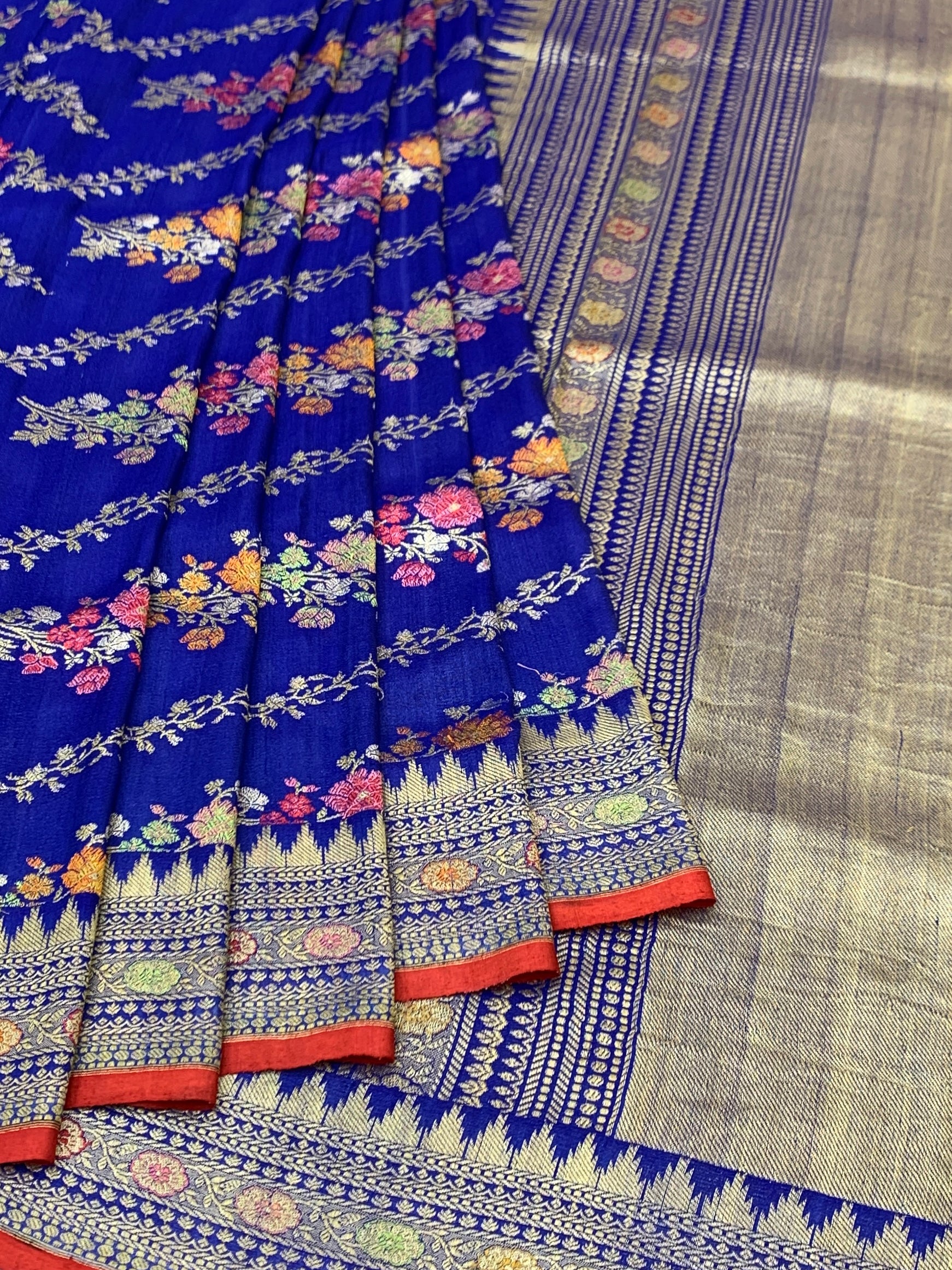 Royal Blue Floral Tussore Georgette Saree with Contrast Blouse