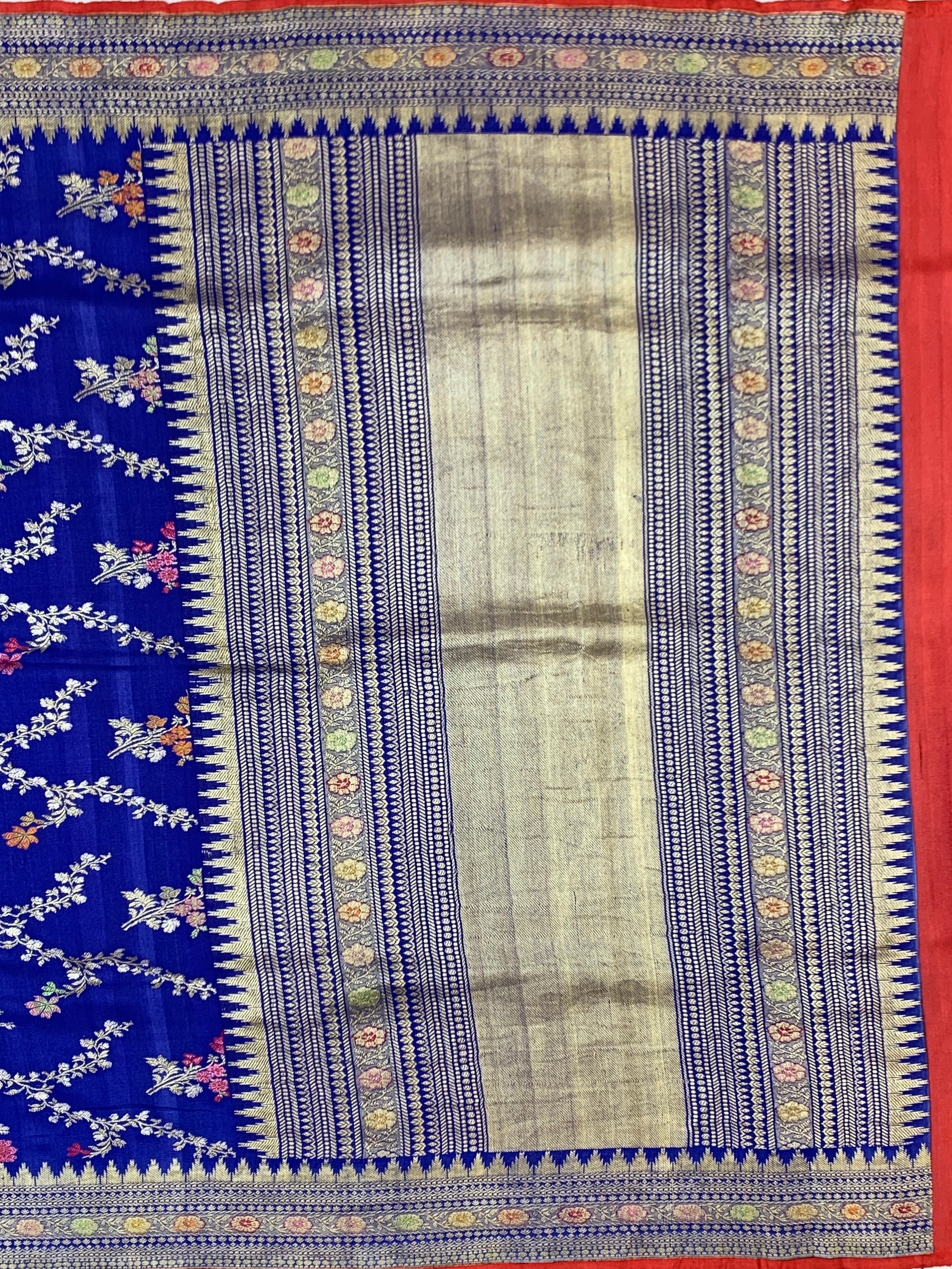 Royal Blue Floral Tussore Georgette Saree with Contrast Blouse