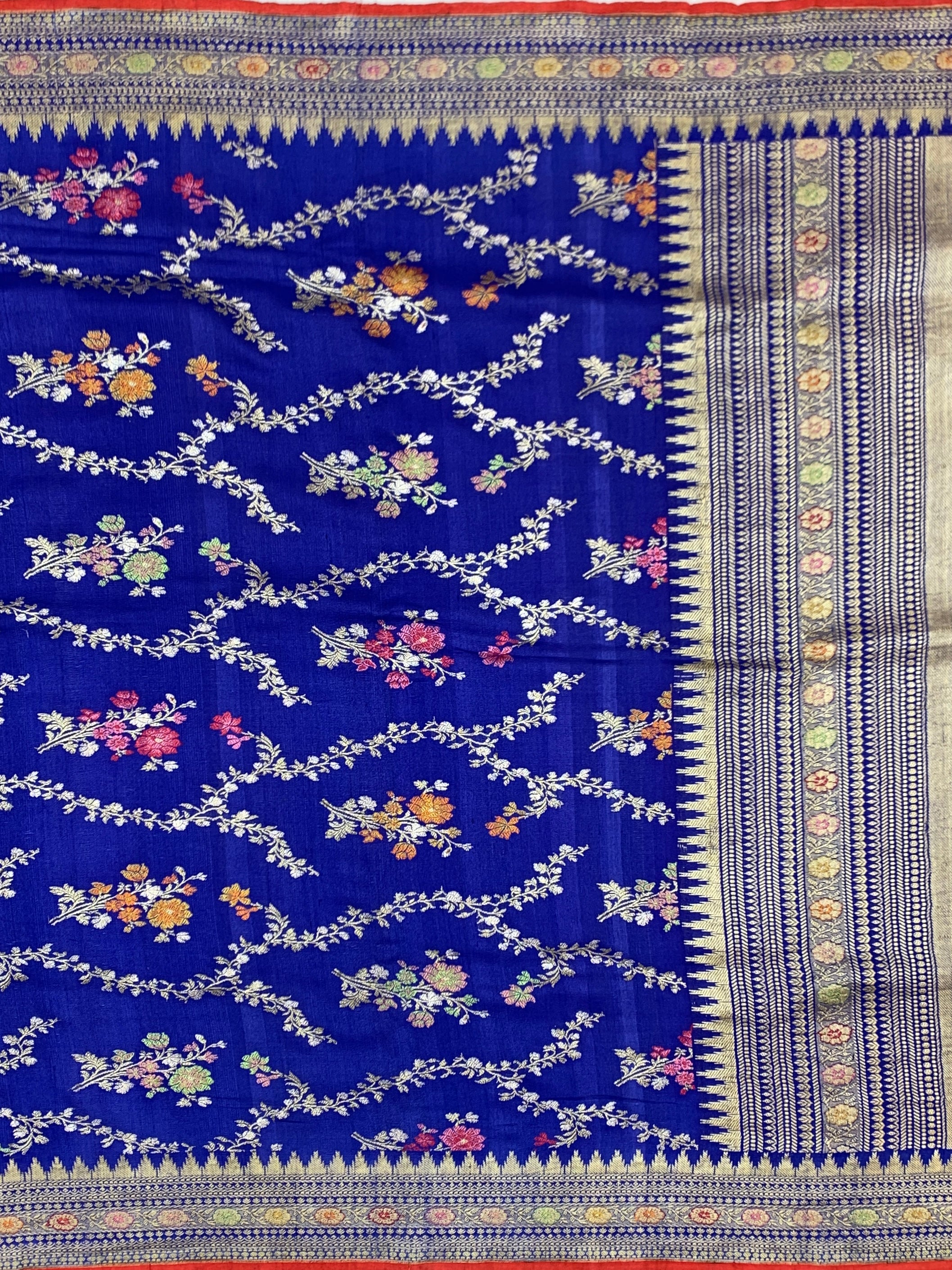 Royal Blue Floral Tussore Georgette Saree with Contrast Blouse