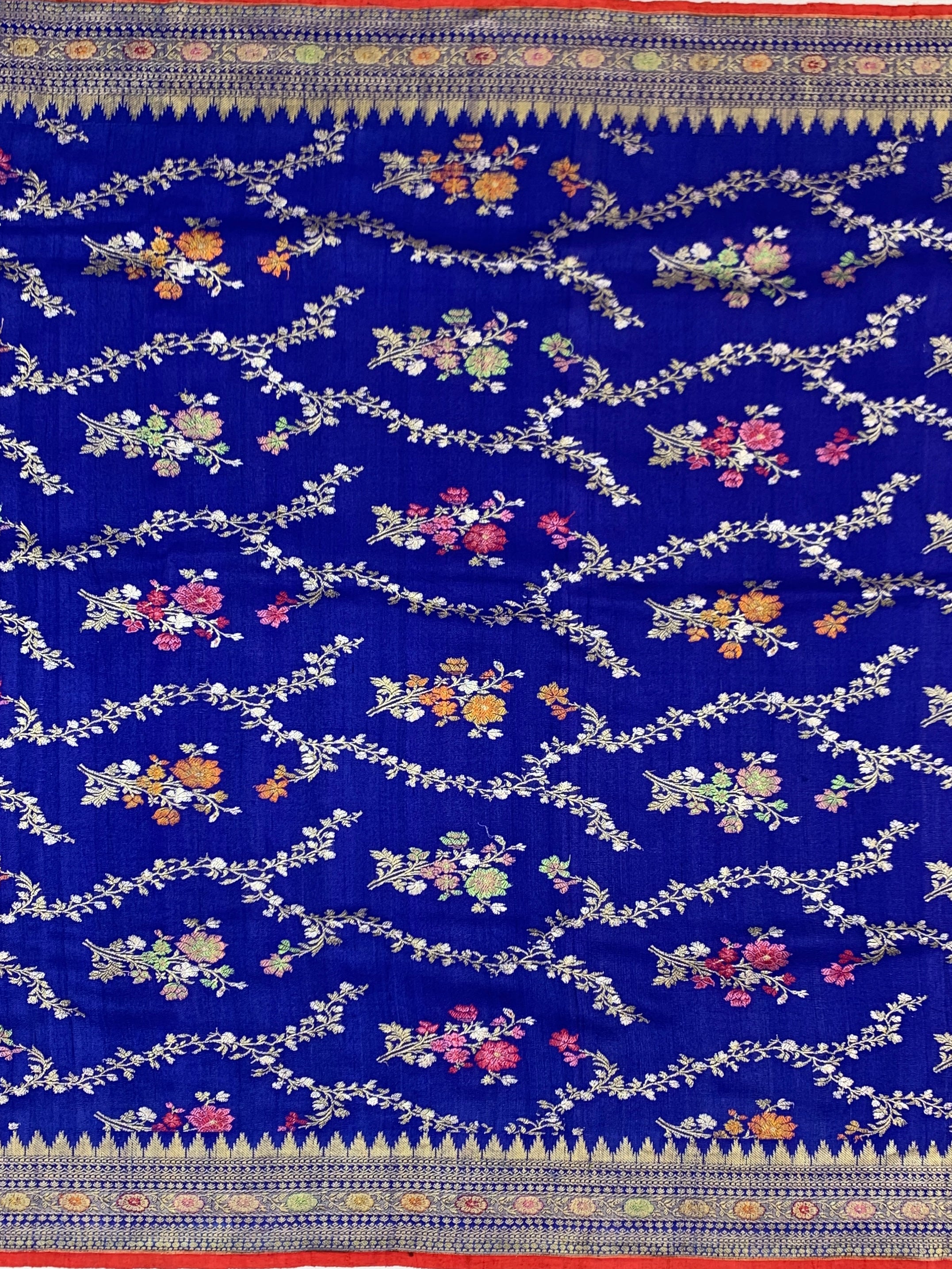 Royal Blue Floral Tussore Georgette Saree with Contrast Blouse