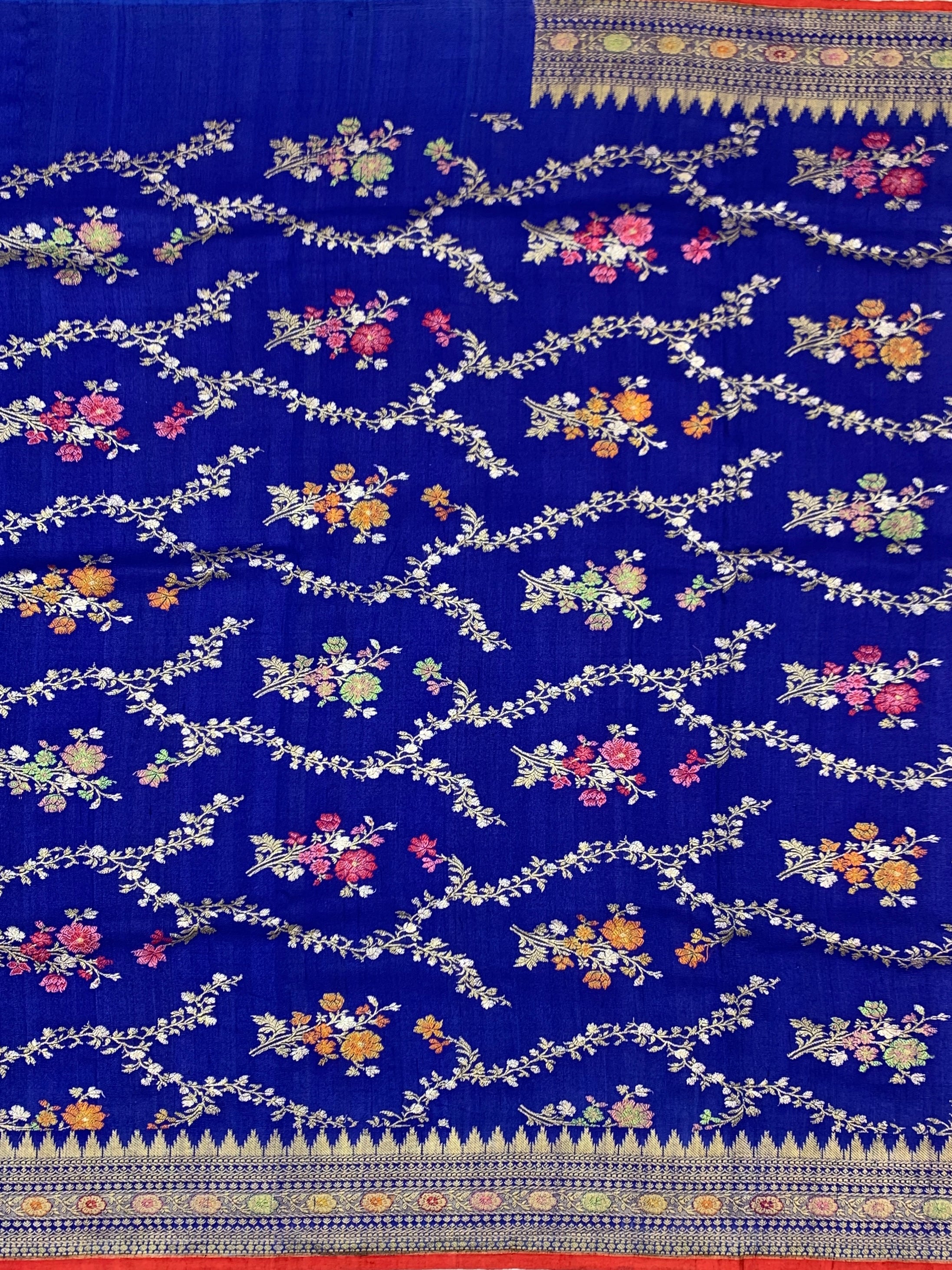 Royal Blue Floral Tussore Georgette Saree with Contrast Blouse