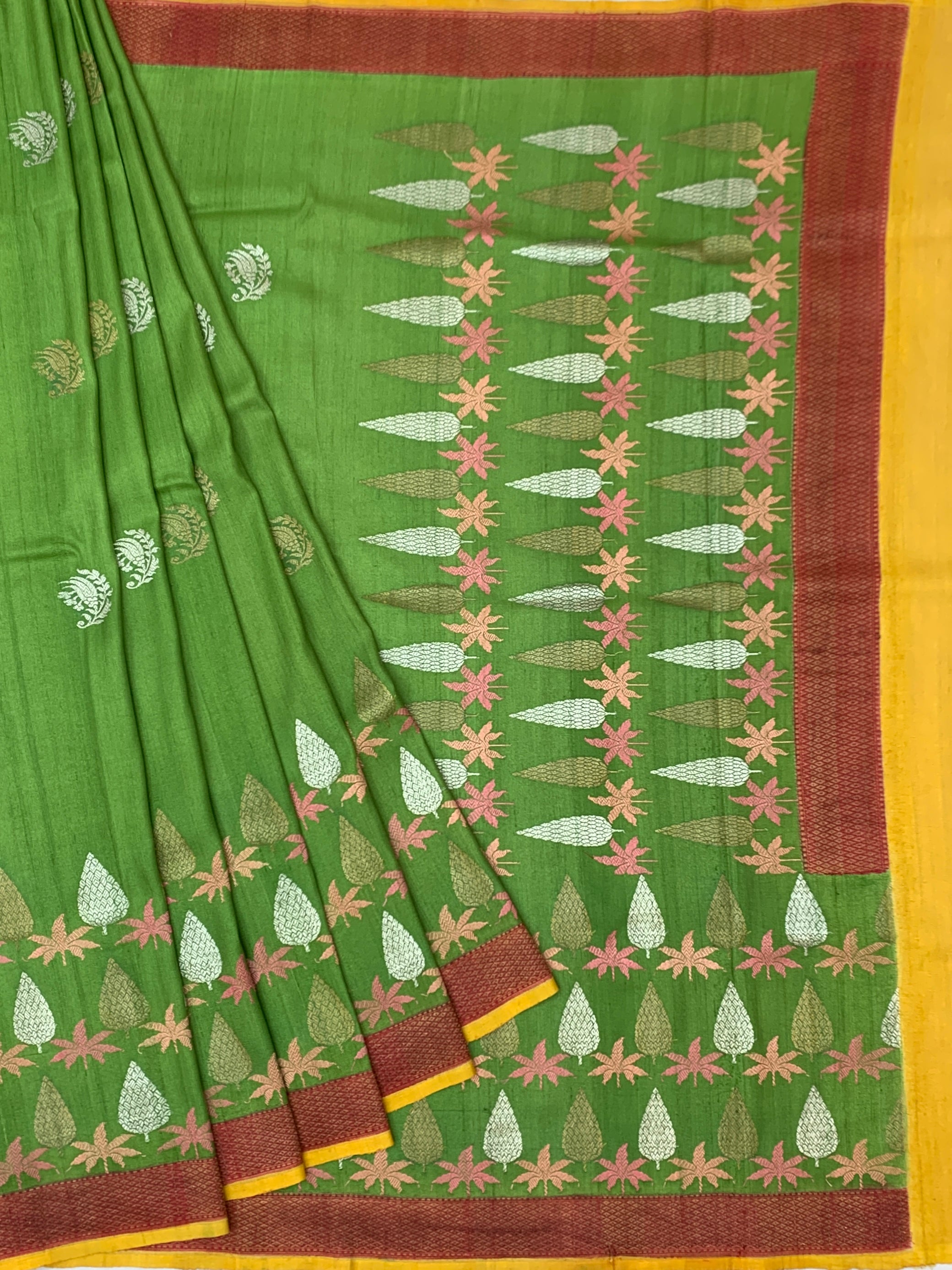 Vibrant Leaf Green Tussore Georgette Saree with Woven Tree Motifs