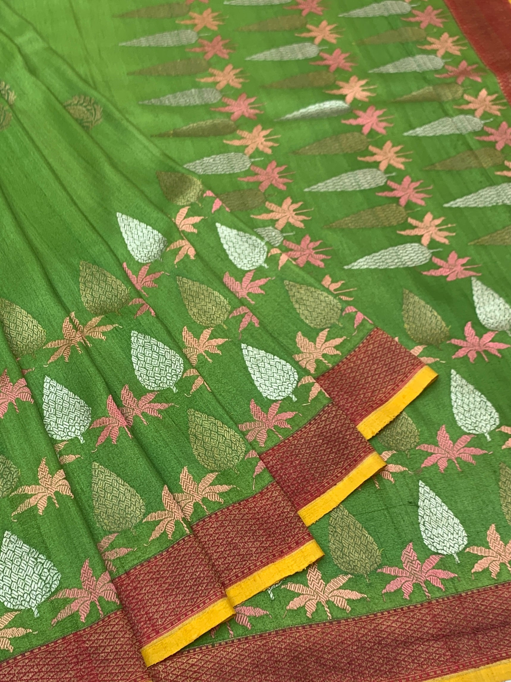 Vibrant Leaf Green Tussore Georgette Saree with Woven Tree Motifs