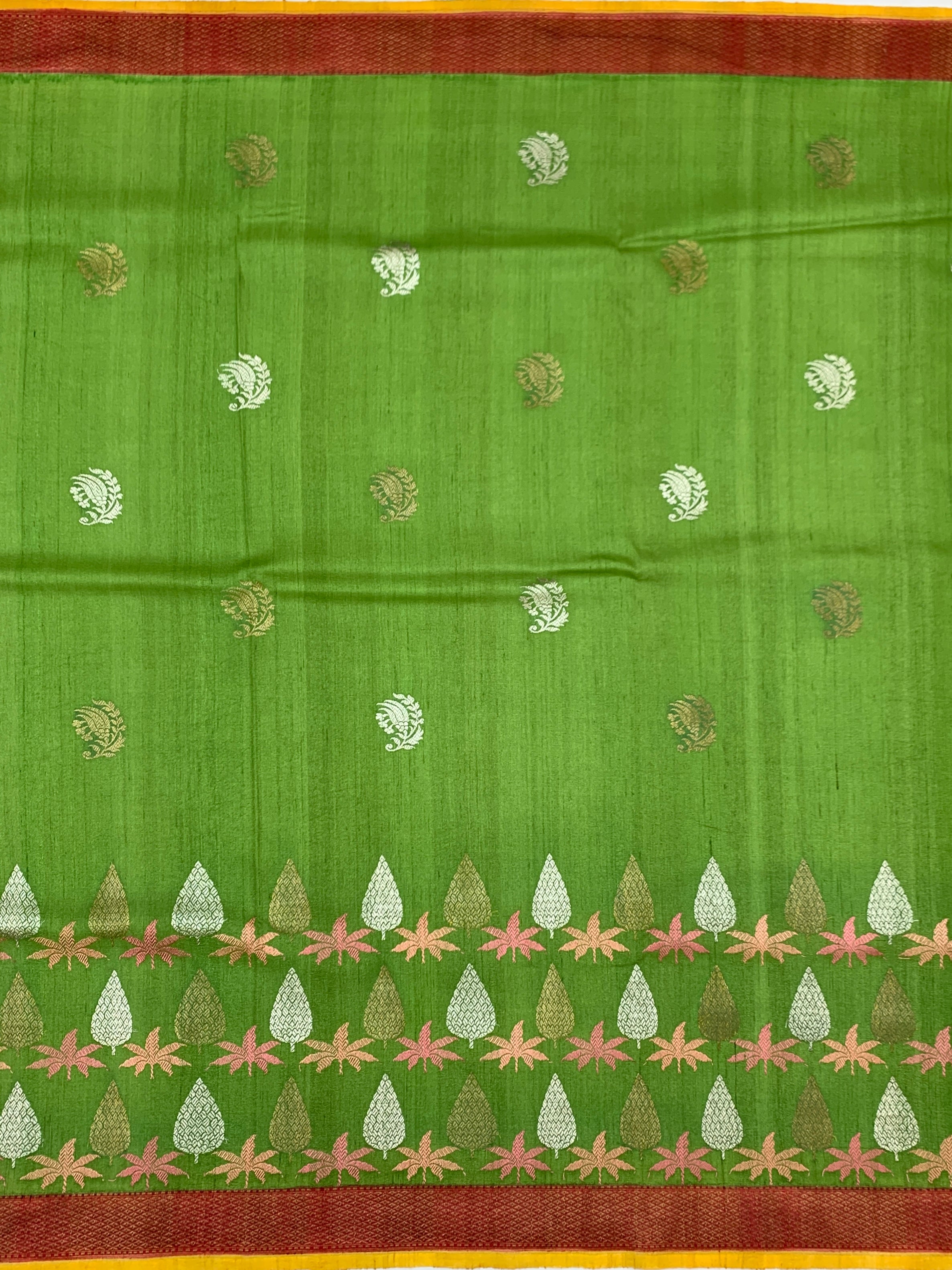 Vibrant Leaf Green Tussore Georgette Saree with Woven Tree Motifs