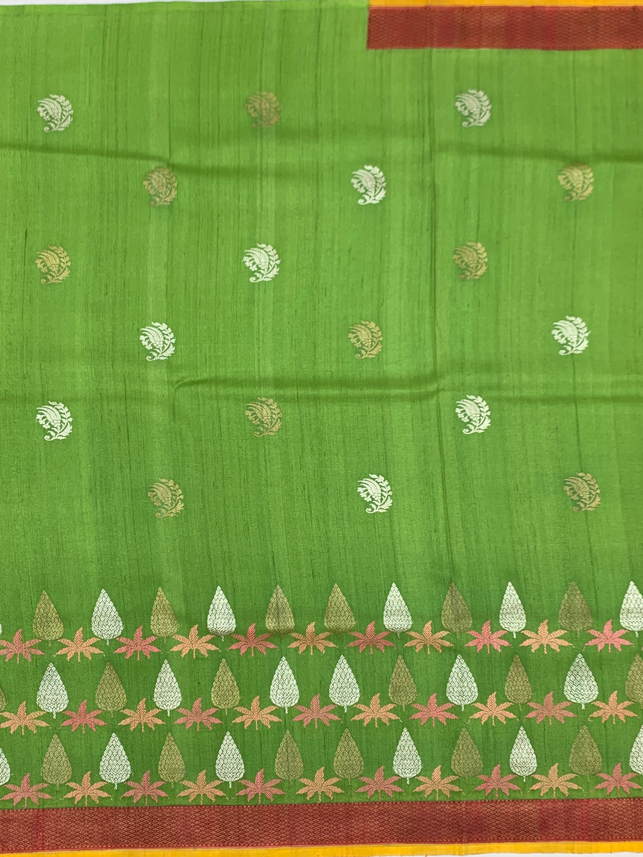 Vibrant Leaf Green Tussore Georgette Saree with Woven Tree Motifs