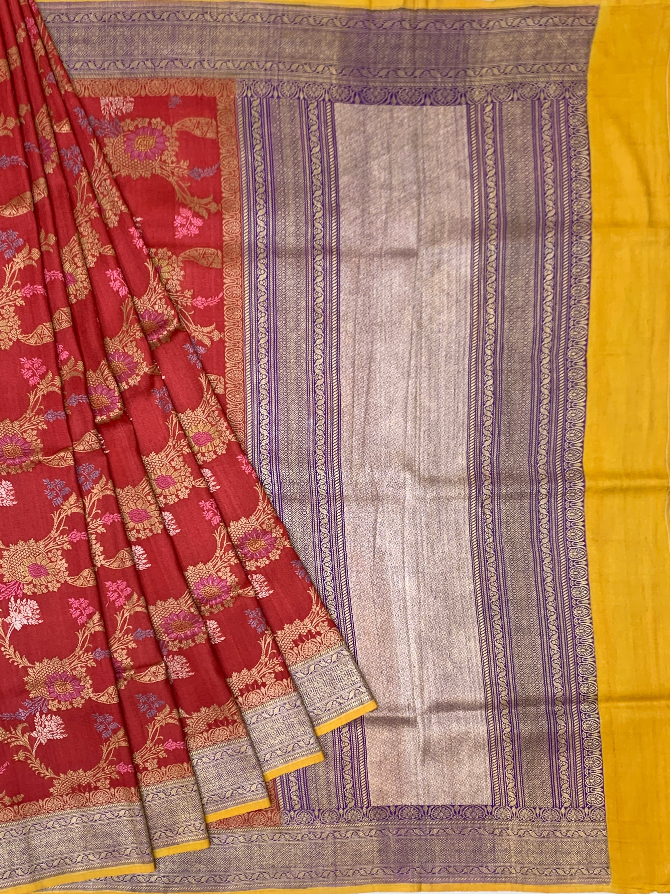 Crimson Red Tussore Georgette Saree with Woven Floral Motifs & Contrasting Mustard Blouse
