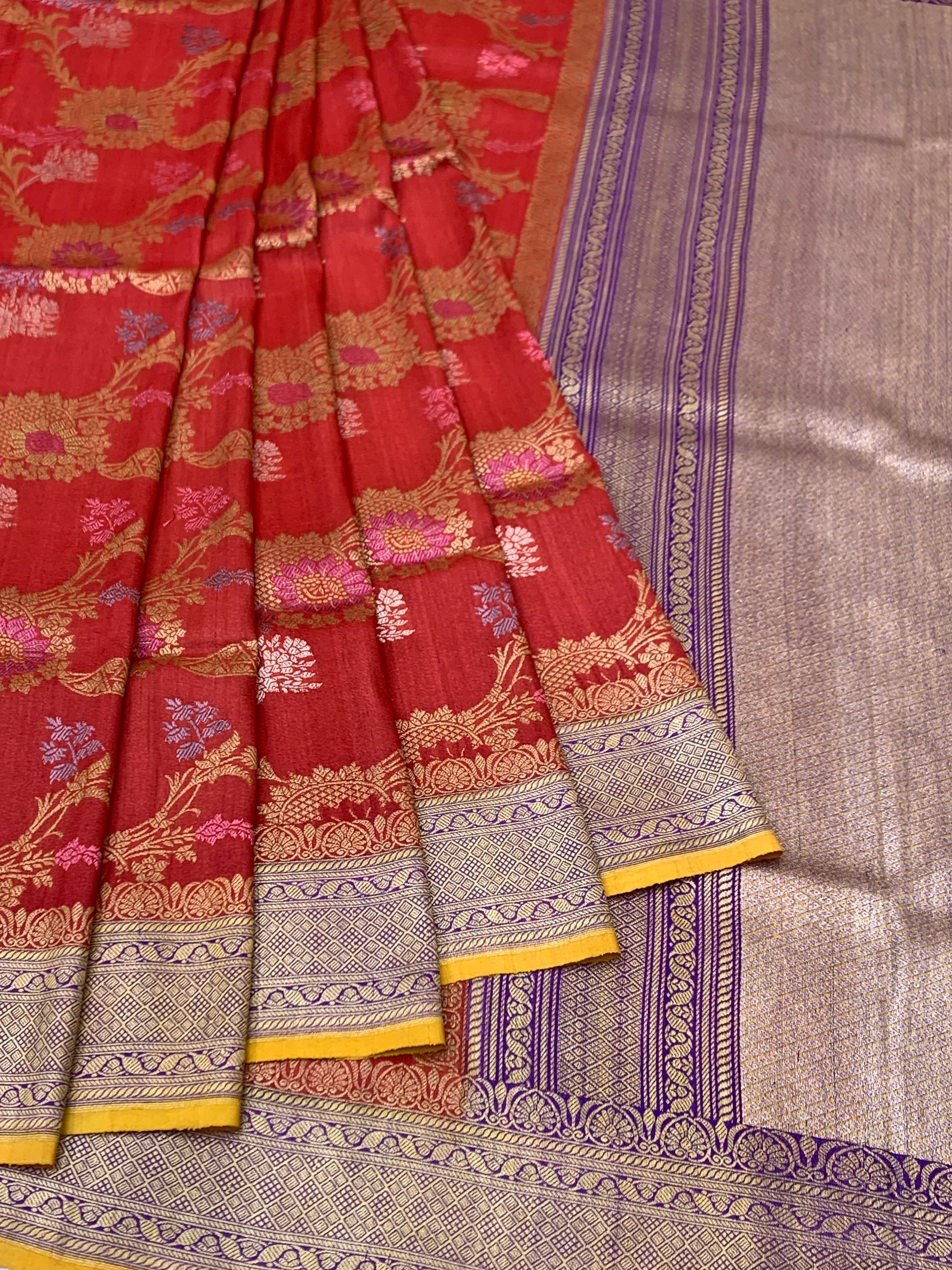 Crimson Red Tussore Georgette Saree with Woven Floral Motifs & Contrasting Mustard Blouse