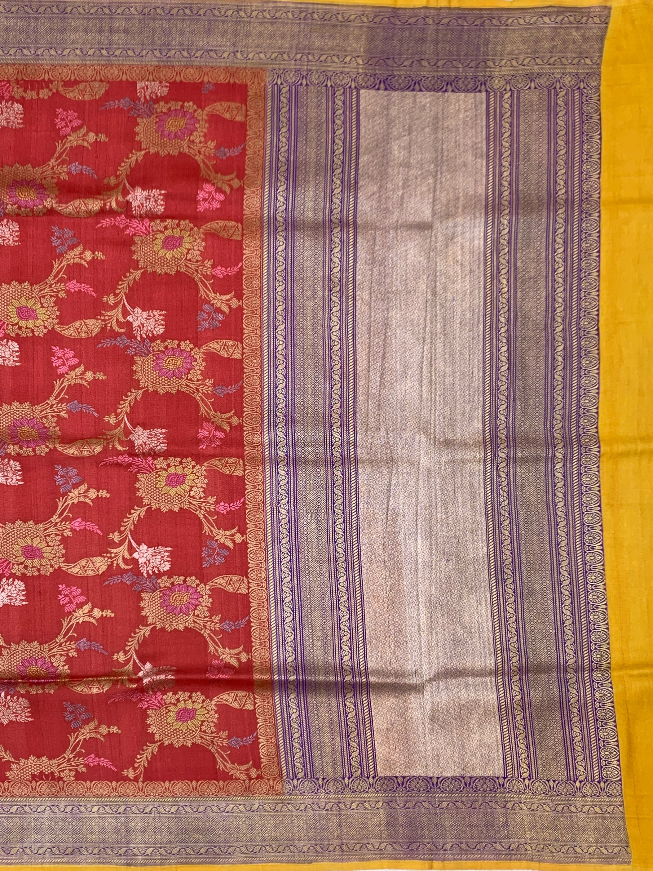 Crimson Red Tussore Georgette Saree with Woven Floral Motifs & Contrasting Mustard Blouse