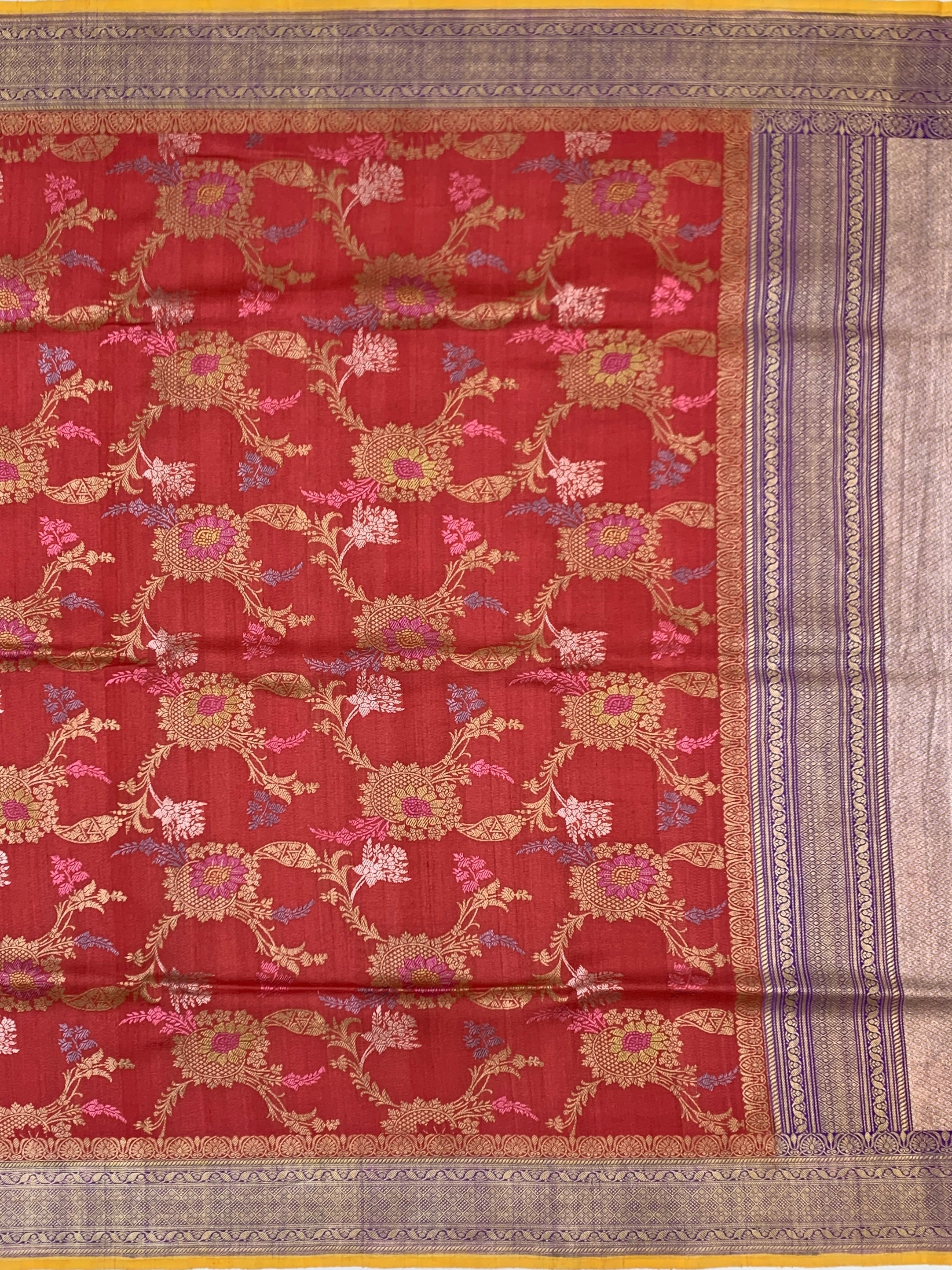 Crimson Red Tussore Georgette Saree with Woven Floral Motifs & Contrasting Mustard Blouse