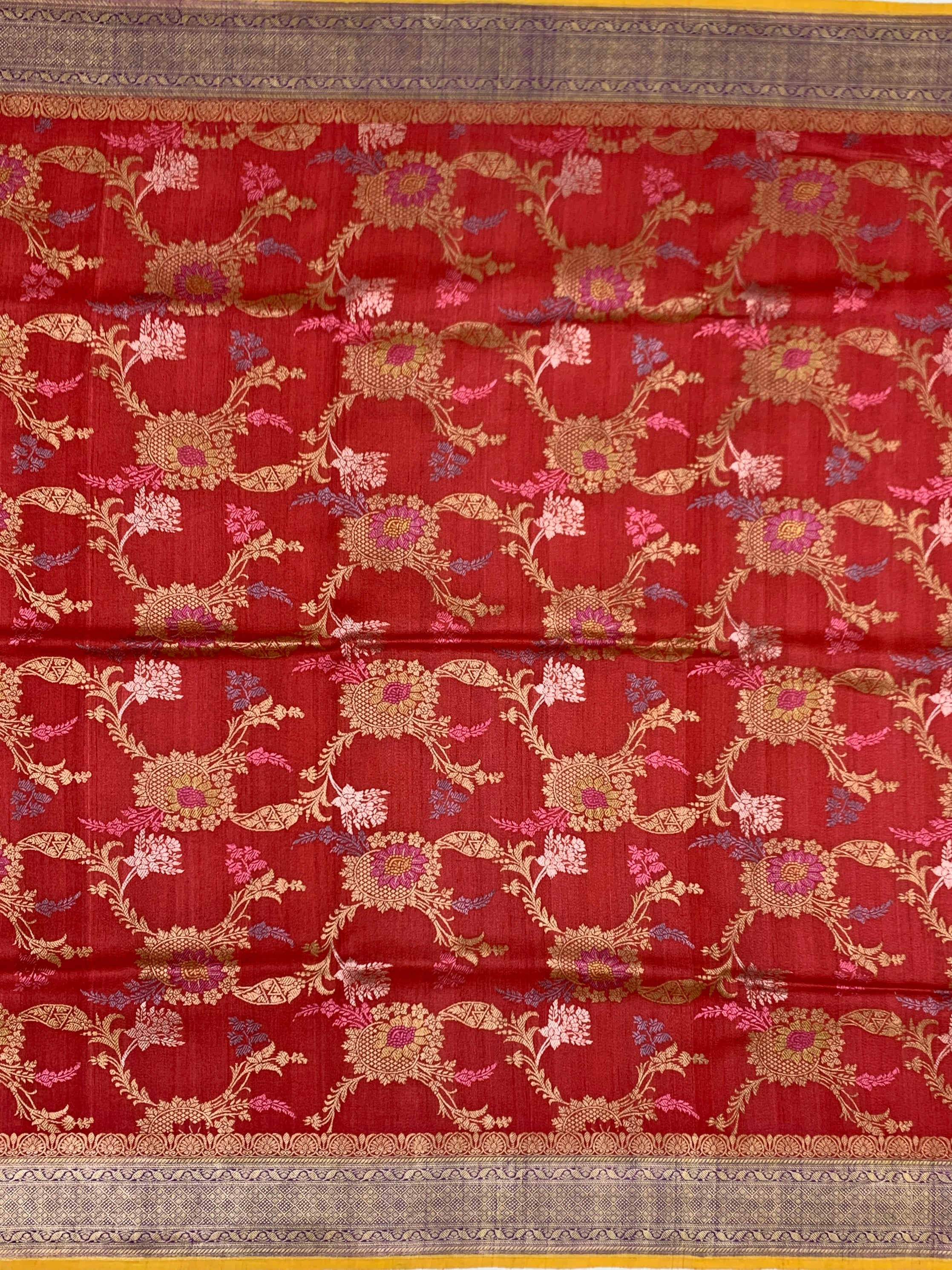 Crimson Red Tussore Georgette Saree with Woven Floral Motifs & Contrasting Mustard Blouse