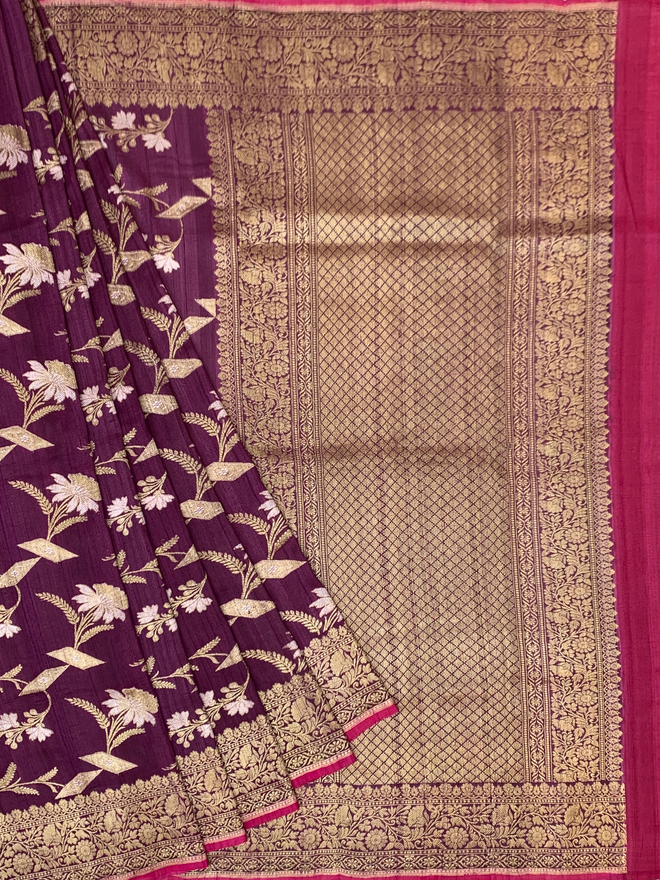 Elegant Deep Plum Tussore Georgette Saree with Gold Zari Work