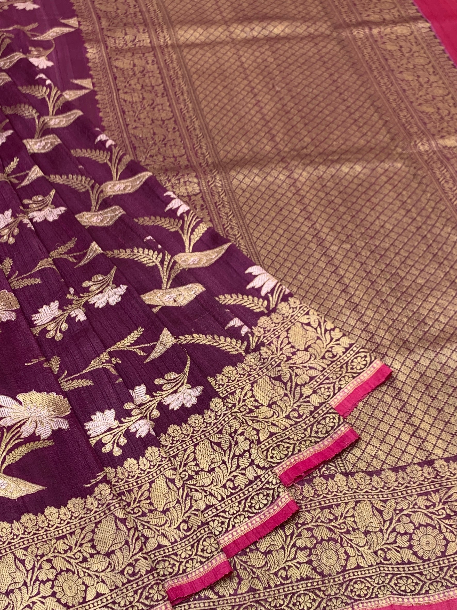 Elegant Deep Plum Tussore Georgette Saree with Gold Zari Work