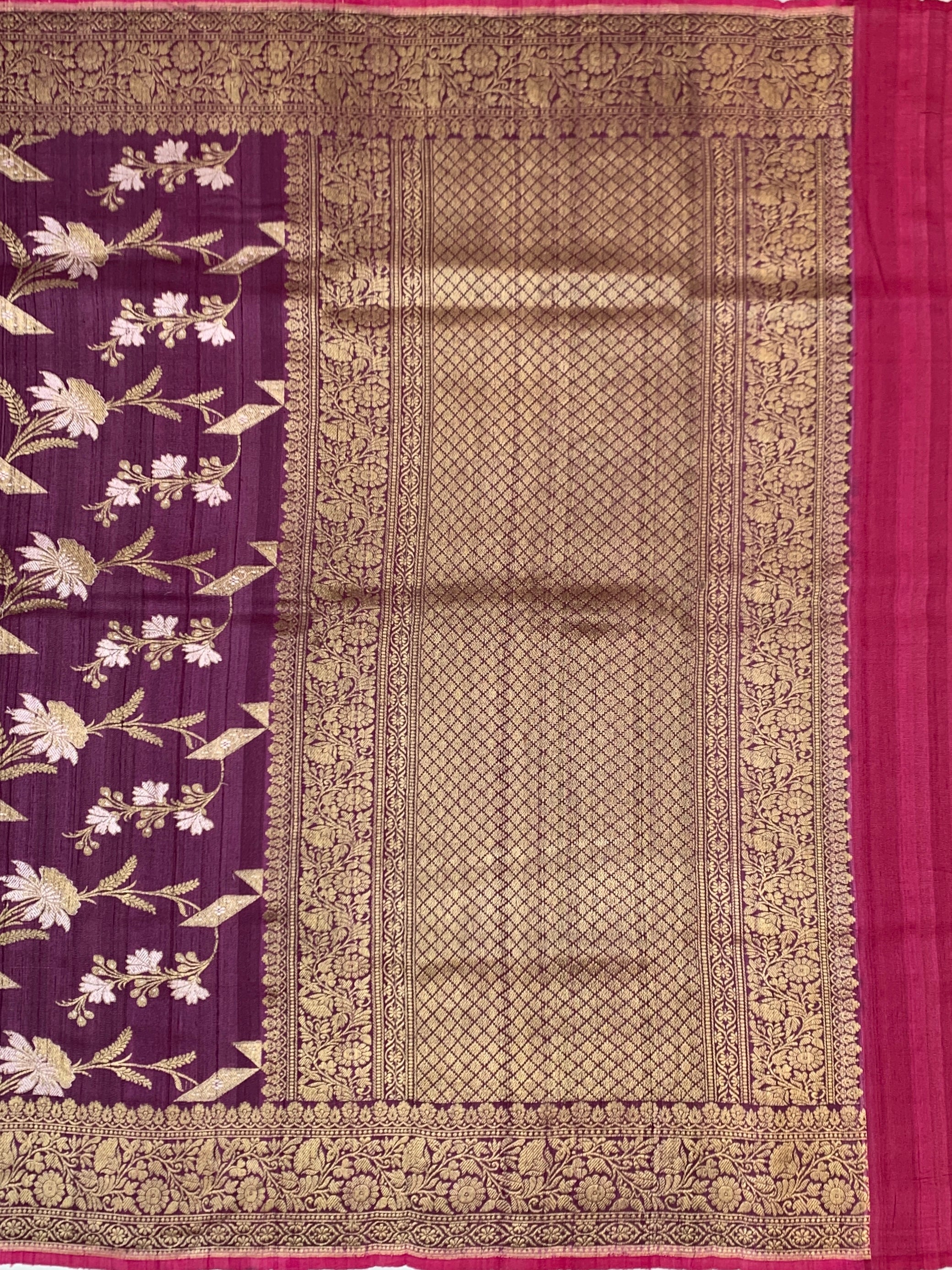 Elegant Deep Plum Tussore Georgette Saree with Gold Zari Work