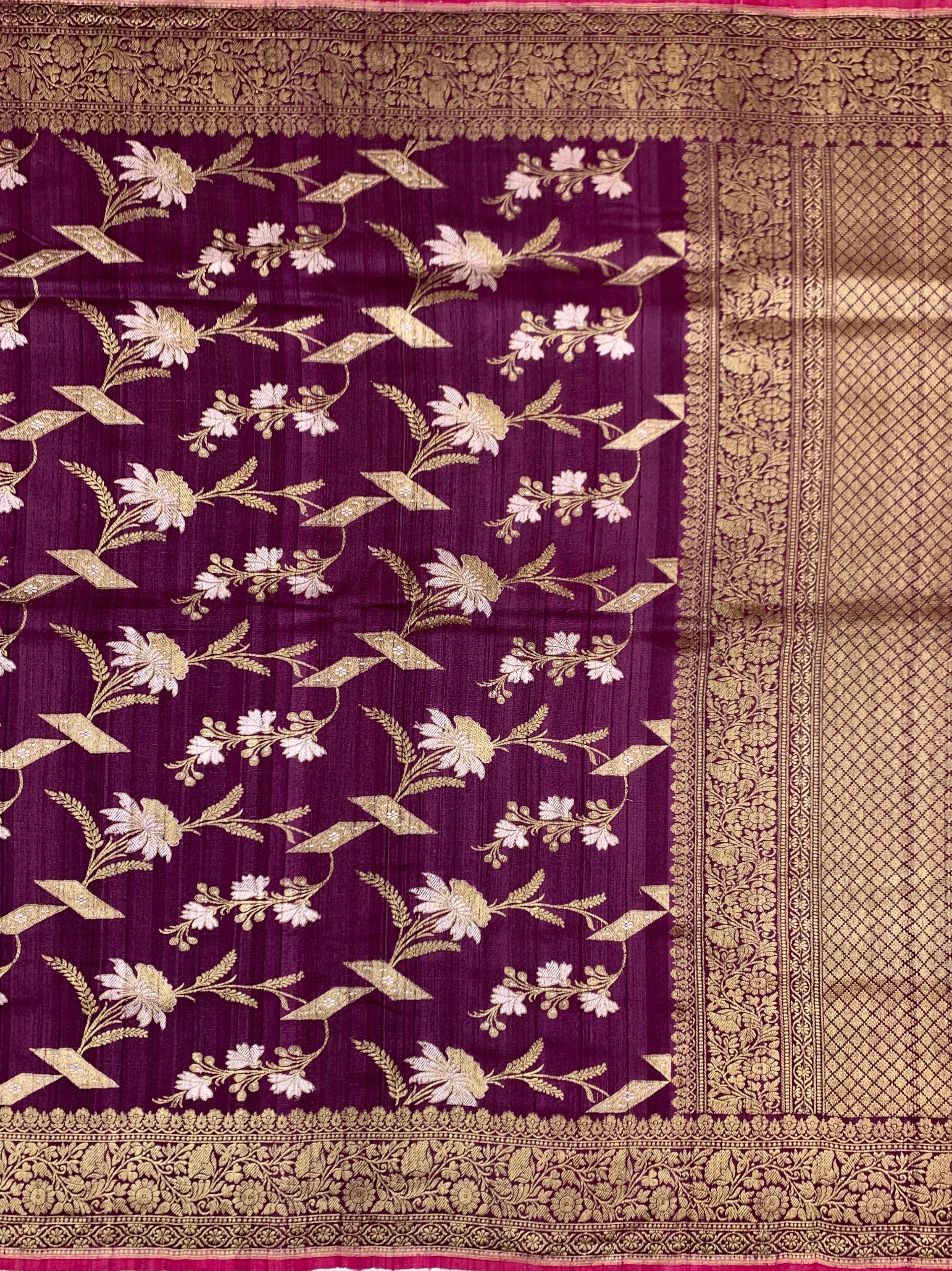 Elegant Deep Plum Tussore Georgette Saree with Gold Zari Work