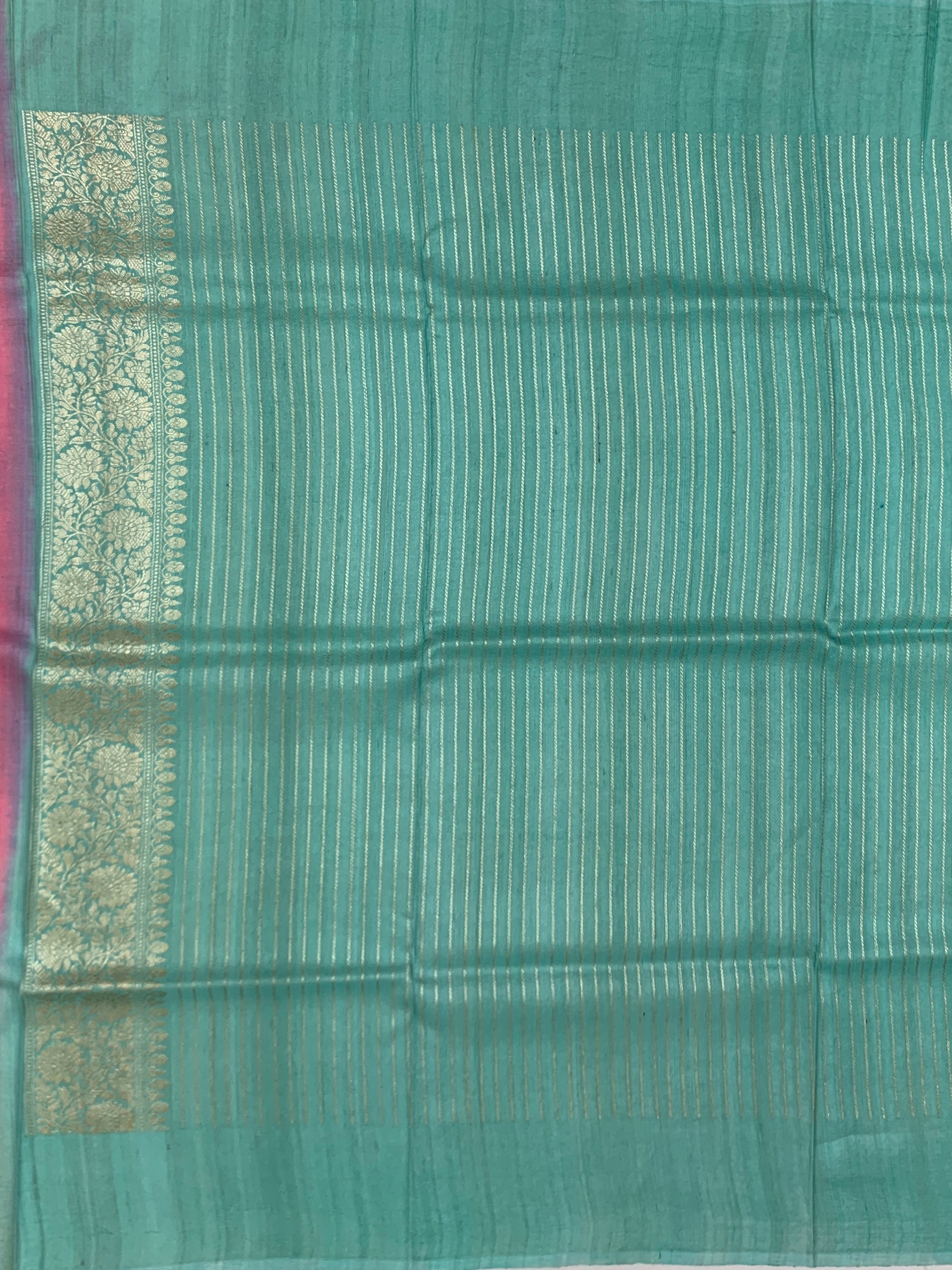 Rose Pink Tussore Georgette Saree with Deep Purple Zari Pallu & Aqua Contrast Blouse