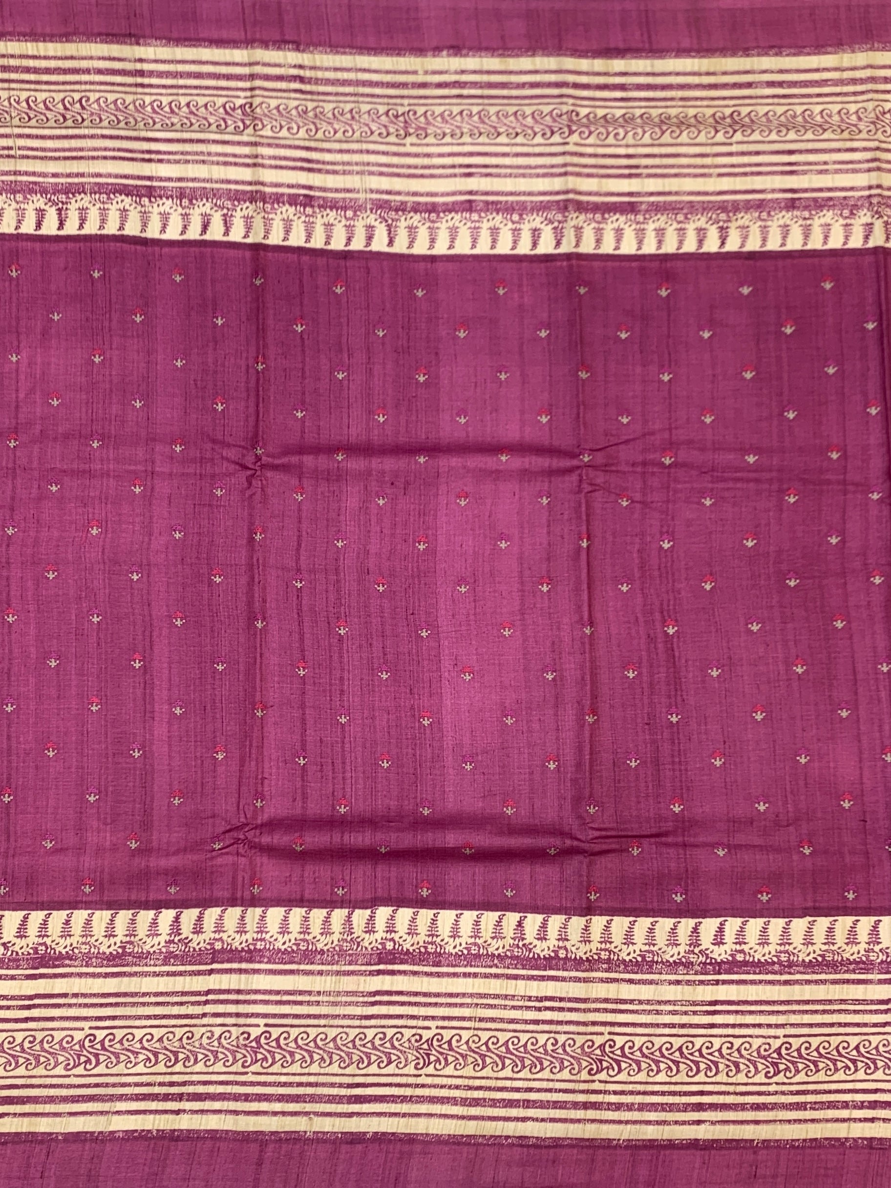 Berry Mauve & Cream: Traditional Printed Tussore Silk Saree