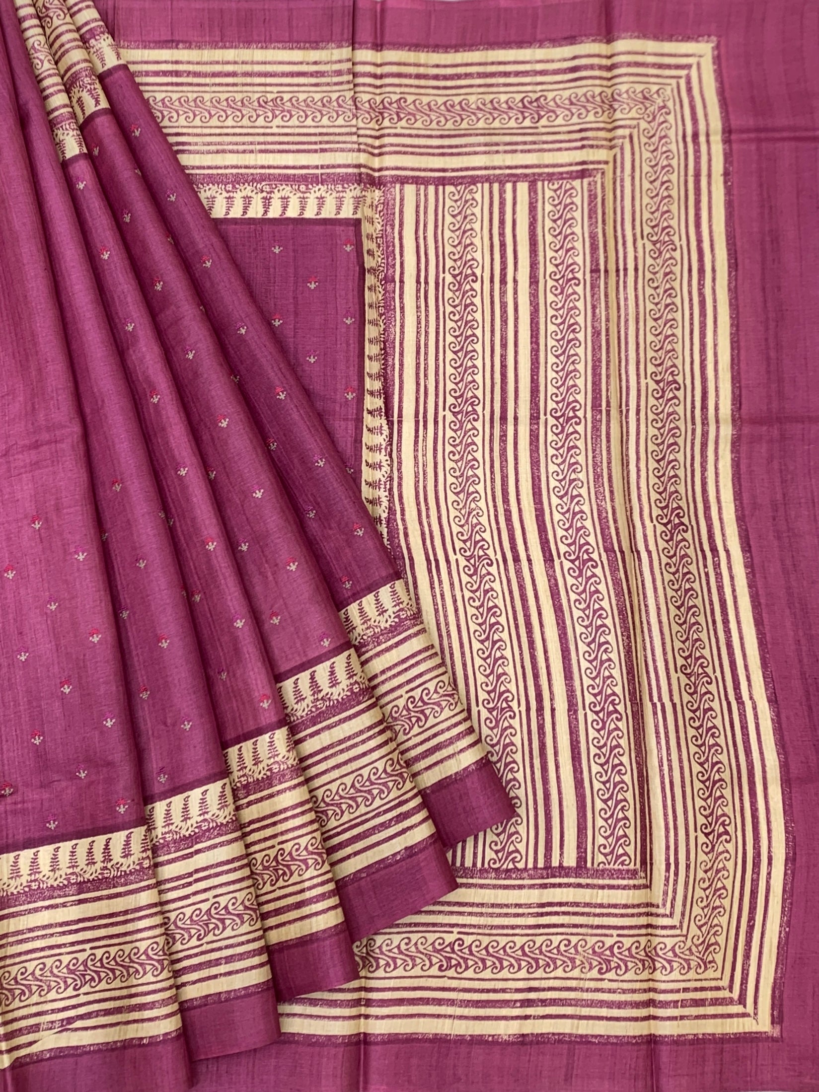 Berry Mauve & Cream: Traditional Printed Tussore Silk Saree