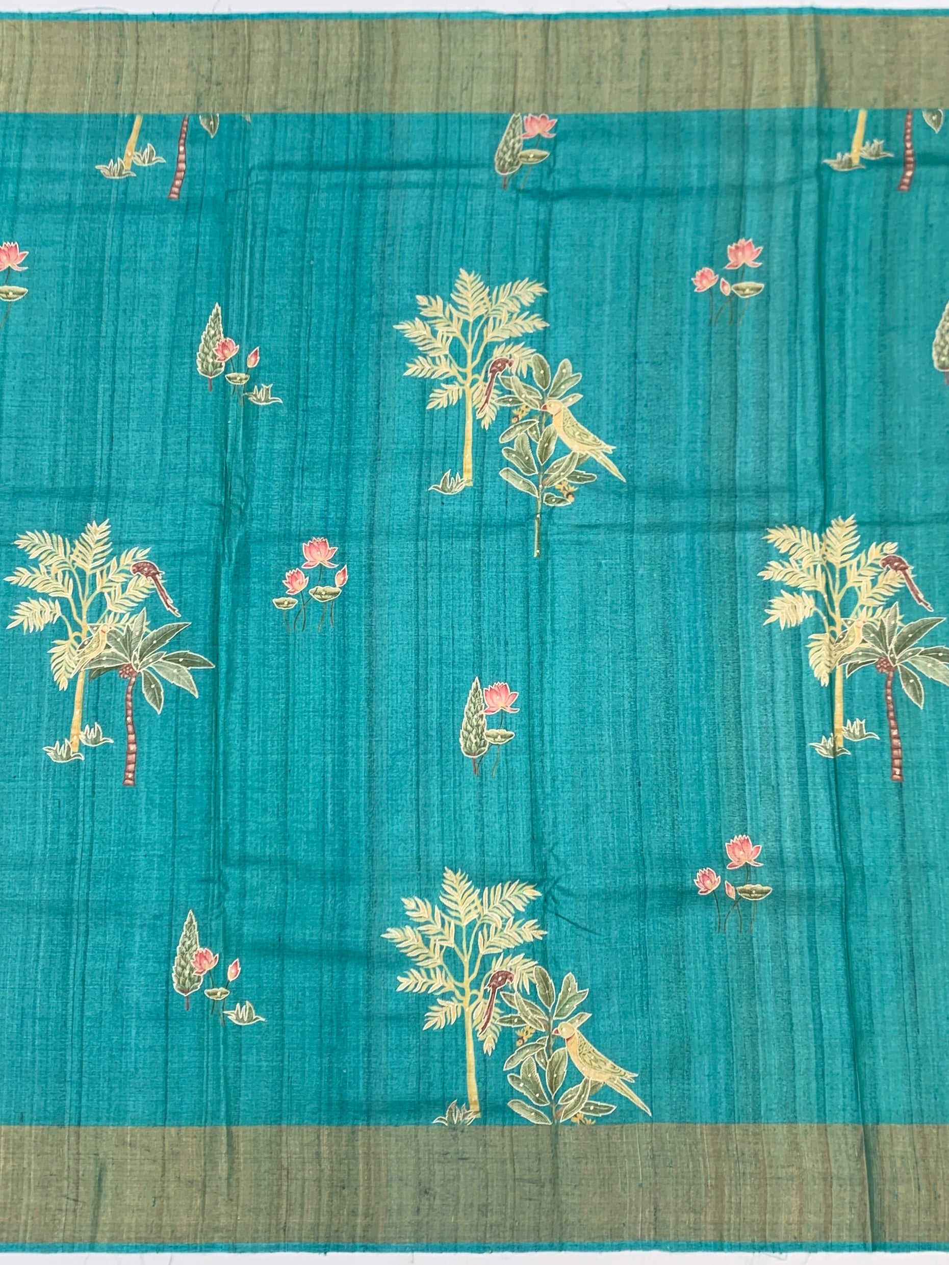 Tropical Lagoon: Tree of Life Printed Tussore Saree
