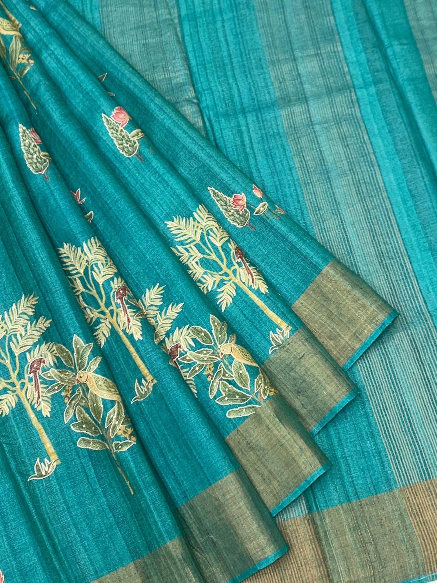 Tropical Lagoon: Tree of Life Printed Tussore Saree